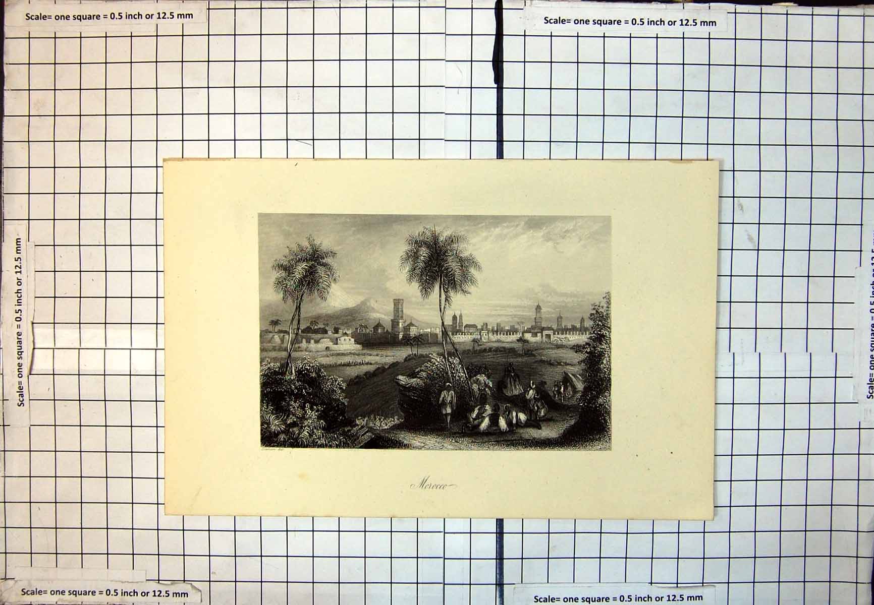 Old Morocco Square Towers Mountains People Seated Palm Trees C1865 325J 19th