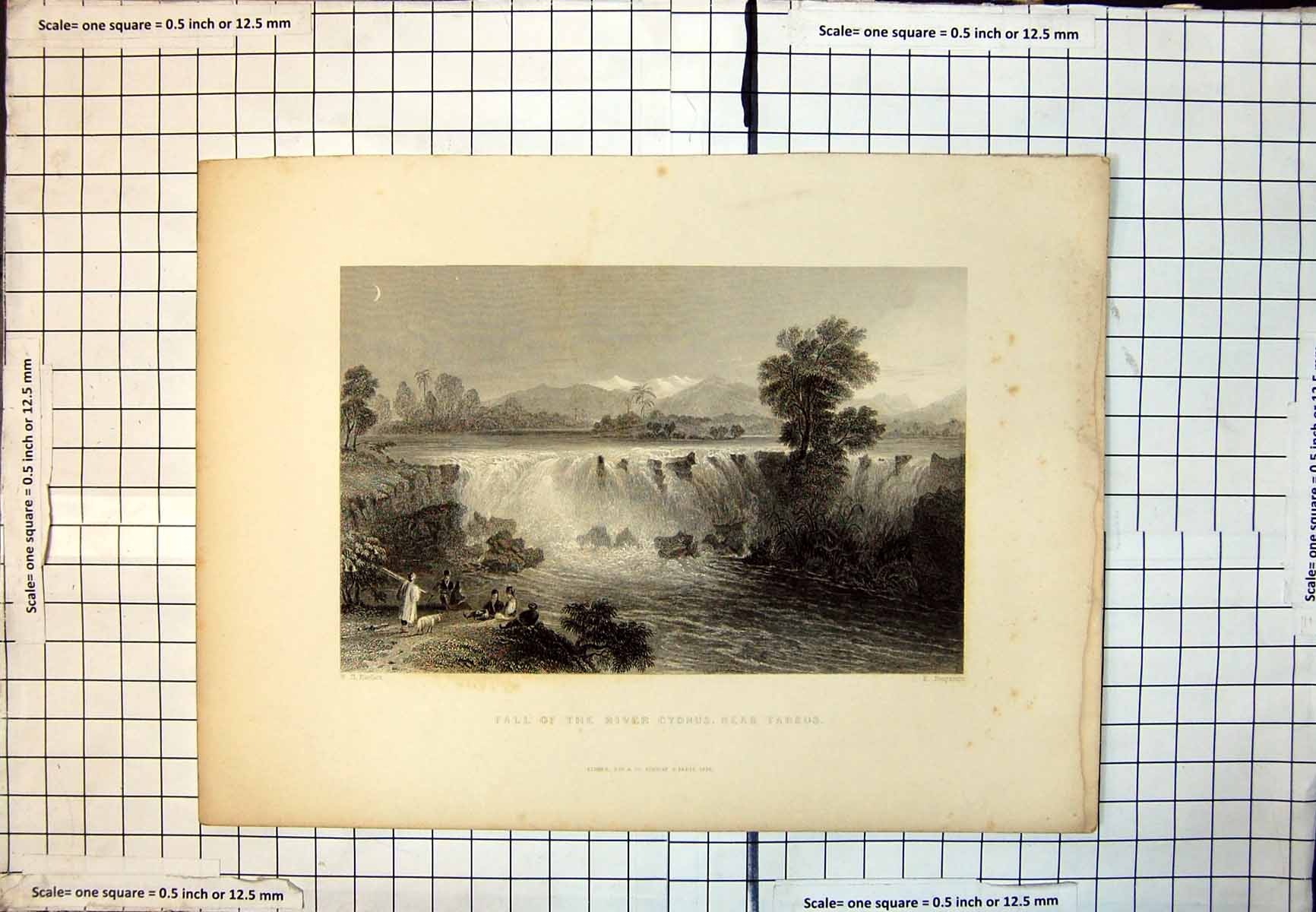 Antique Print Fall River Cydnus Near Tarsus Waterfall People Bank Side 329J