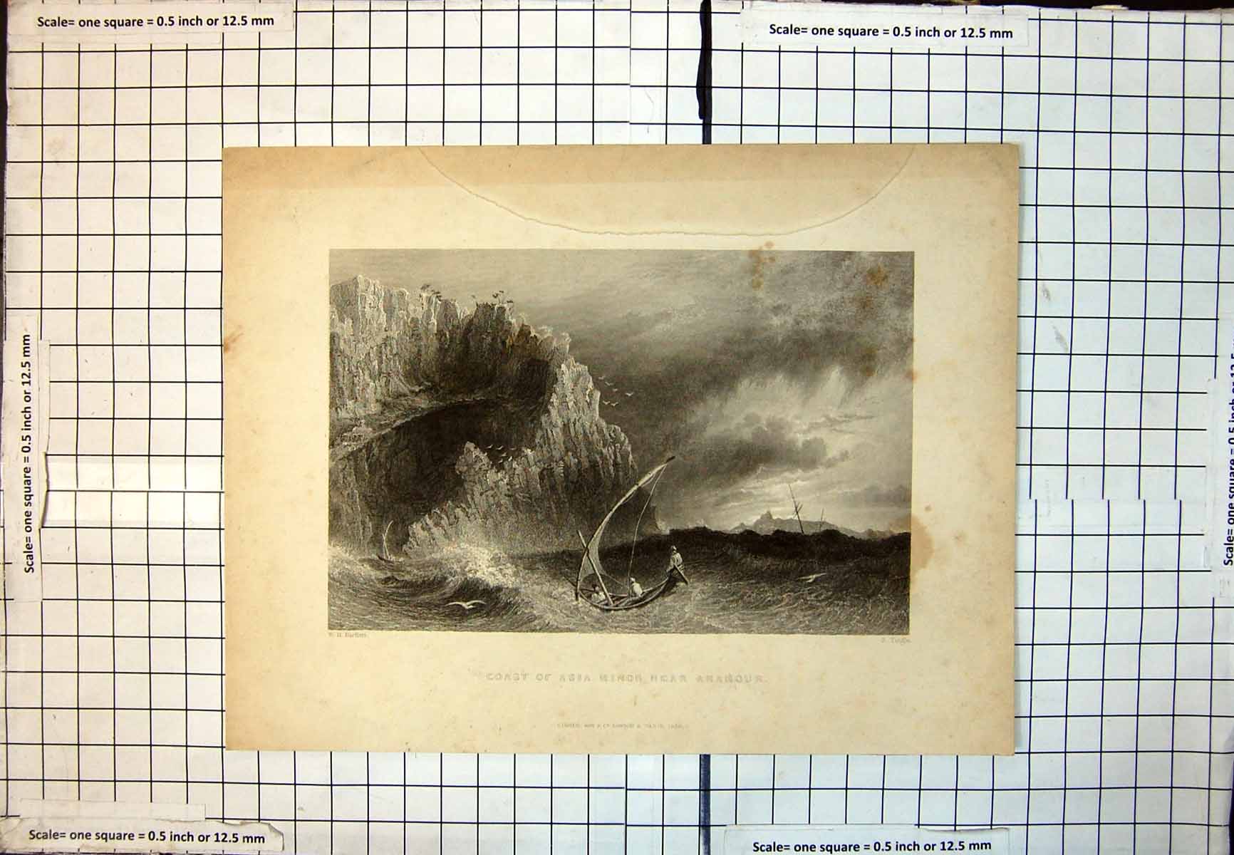 Old Coast Asia Minor Near Anamour Cliff Face Tiny Boaat Rough Seas 336J