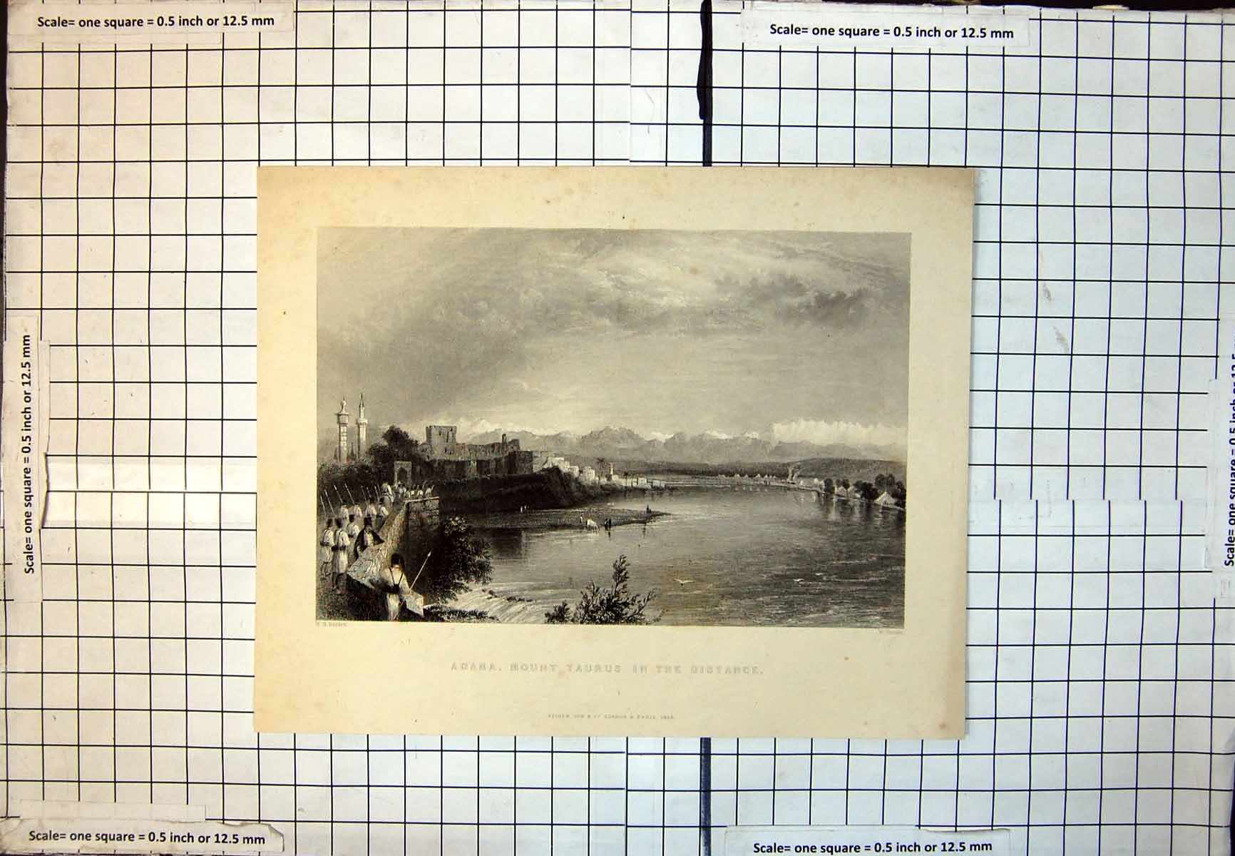 Antique Print Adana Mount Taurus In Distance Siers Water Bridge Towers 338J