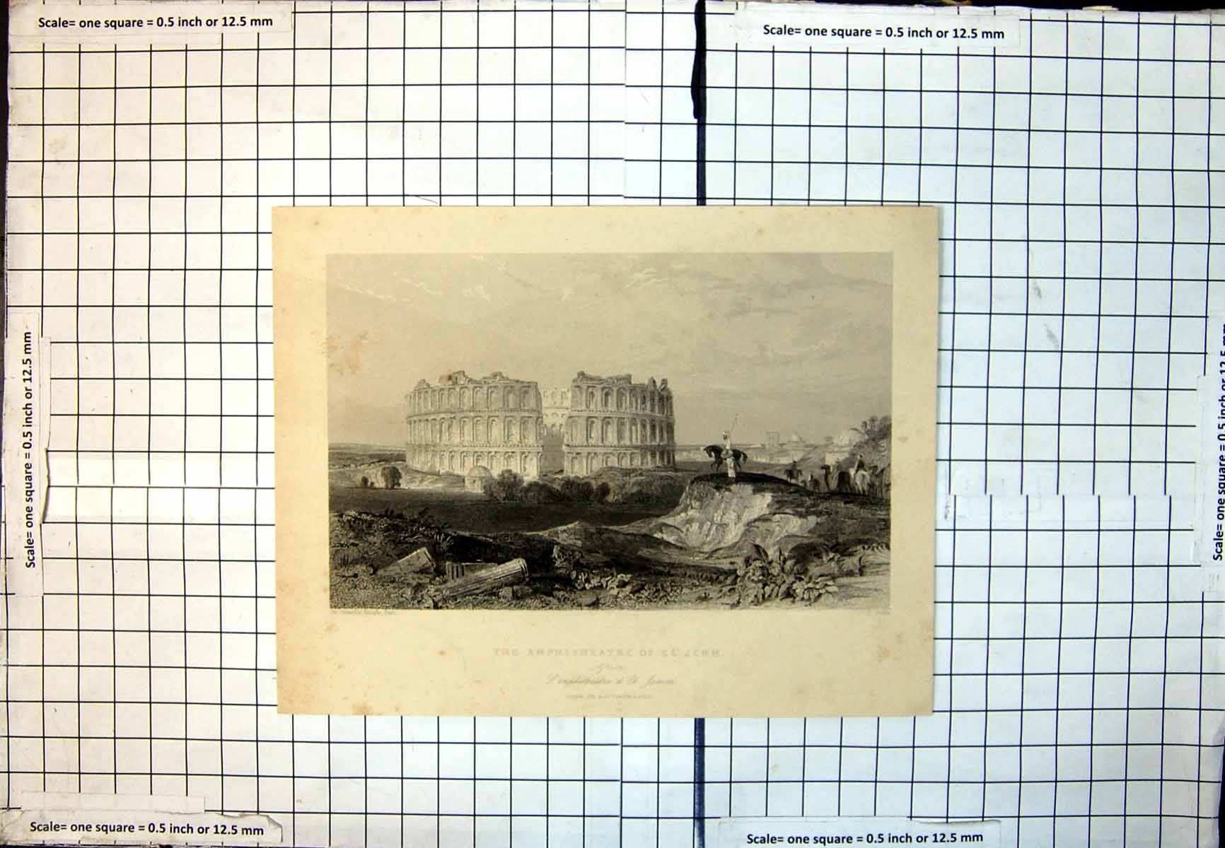 Old Print Ampitheatre El Jemm Jem Africa Building Arches Horse Rider 339J