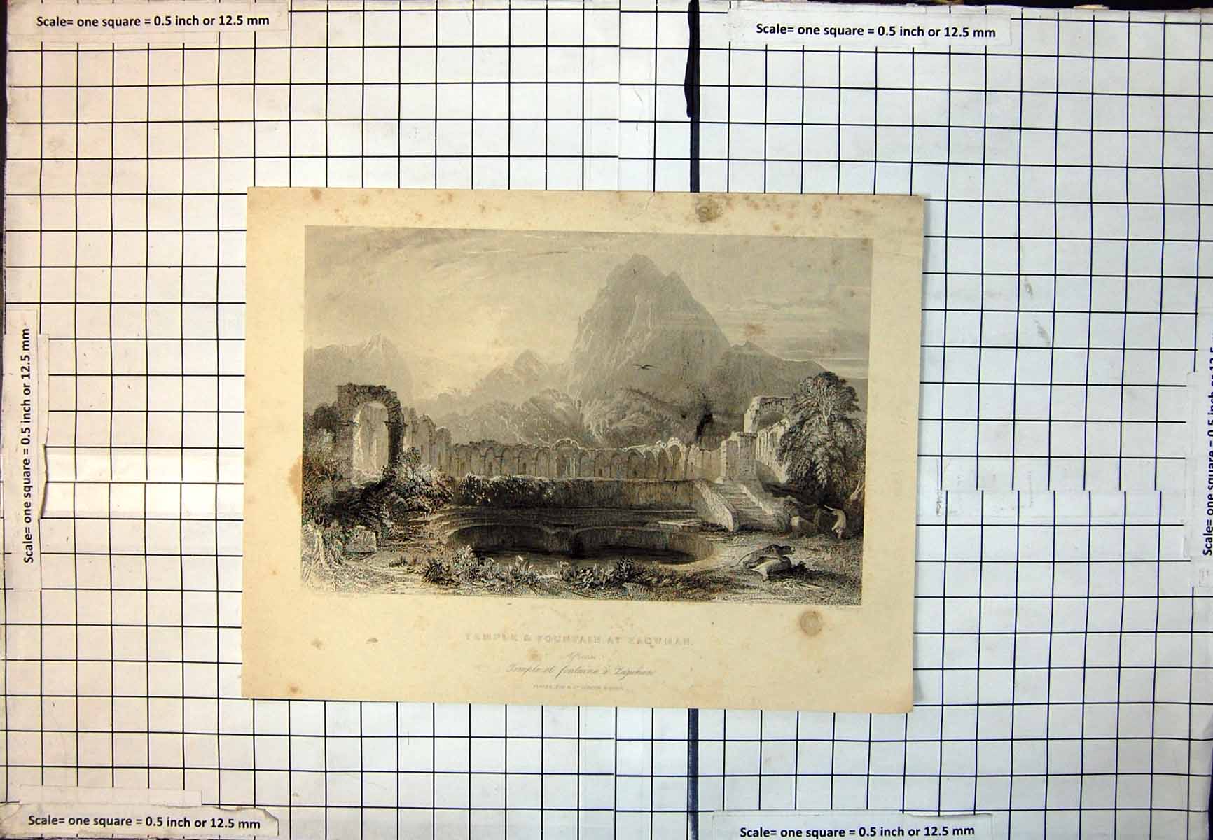 Old Print Temple Fountain Zagwhan Mountain Leopards Pool Foliage Tree 340J