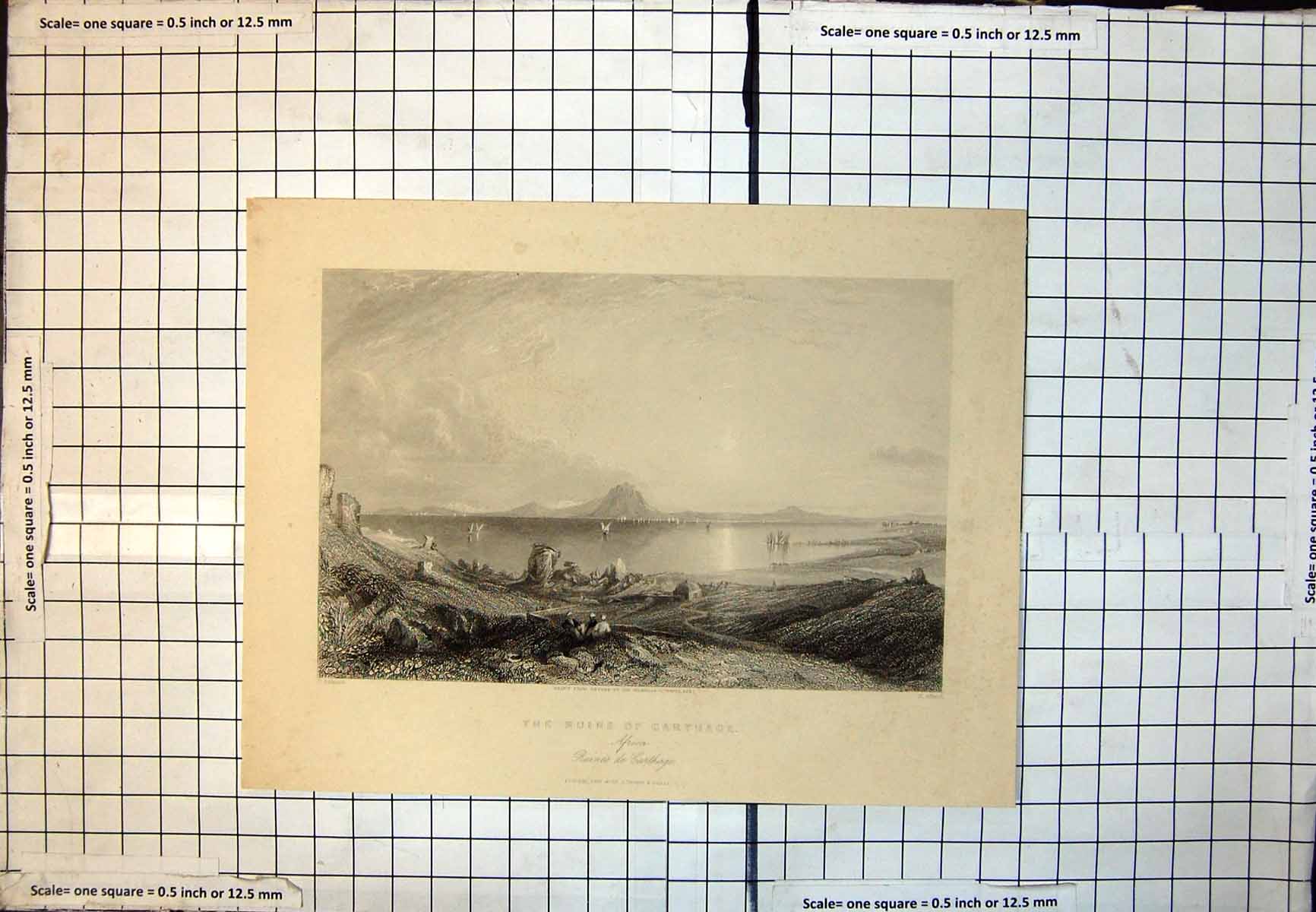 Old Print Ruins Carthage Men Seated View Across Bay Sail Boats Cliffs 341J