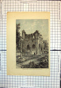Antique Print Dryburgh Abbey Burial Place Sir Walter Scott Archways Man 354J