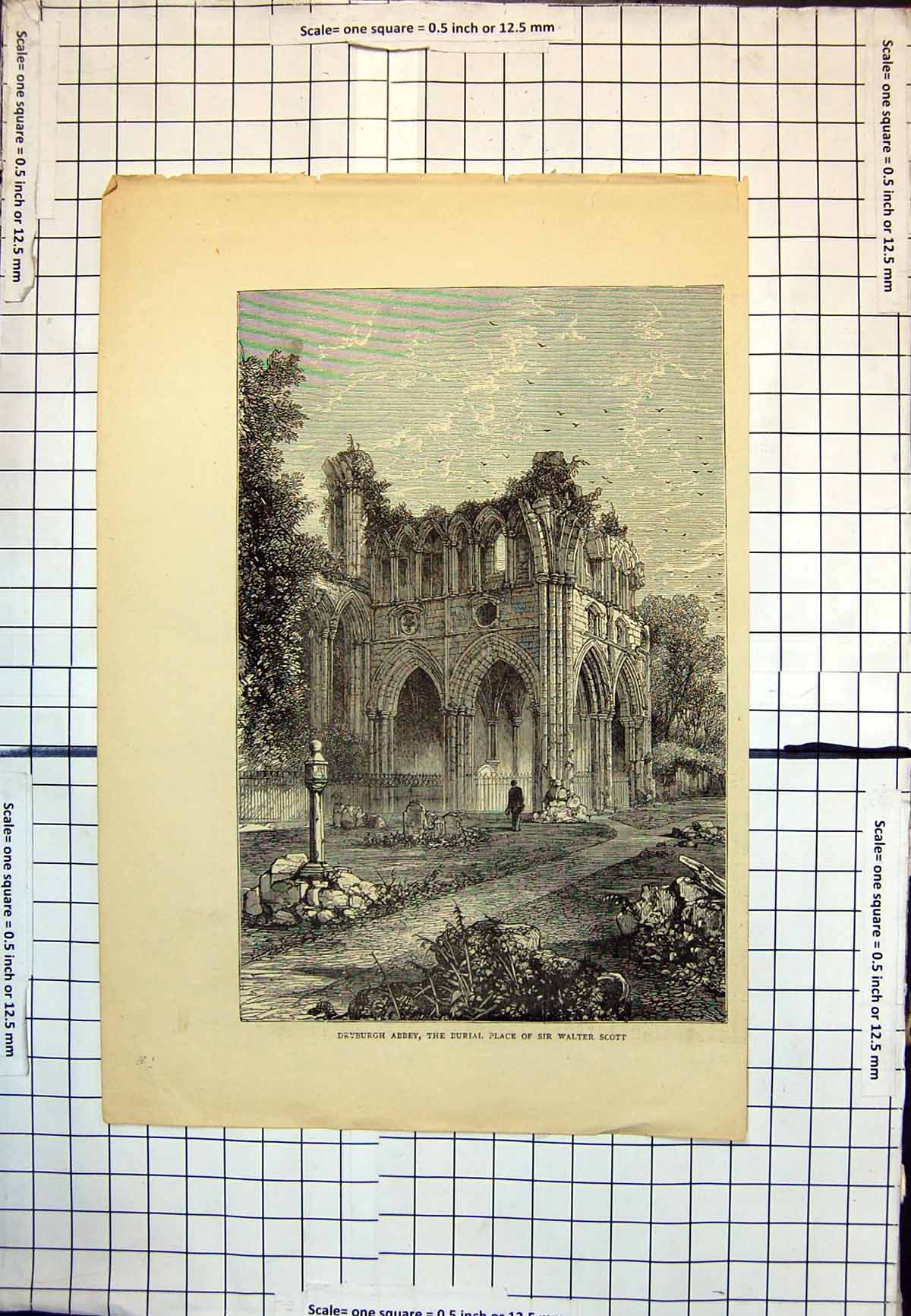 Antique Print Dryburgh Abbey Burial Place Sir Walter Scott Archways Man 354J