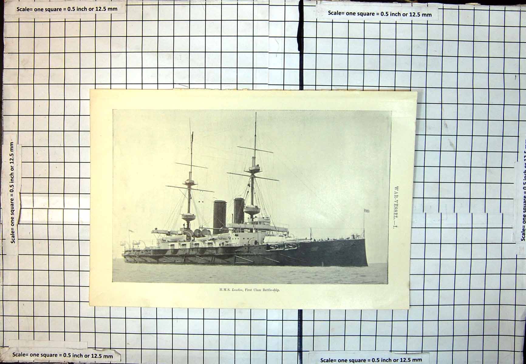 Old Print H.M.S. London First Class Battle-Ship Two Masts At Sea Calm Water 355J