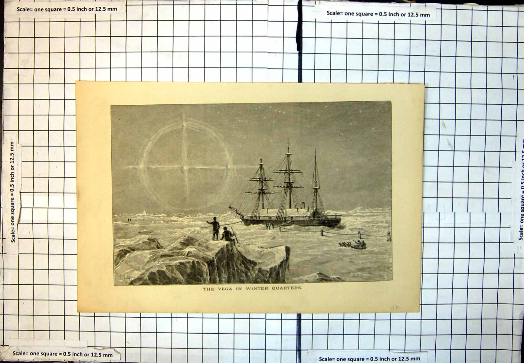 Old Print Vega Winter Quarters Whymper Ww May Ice Bound Ship Dog Sled 359J