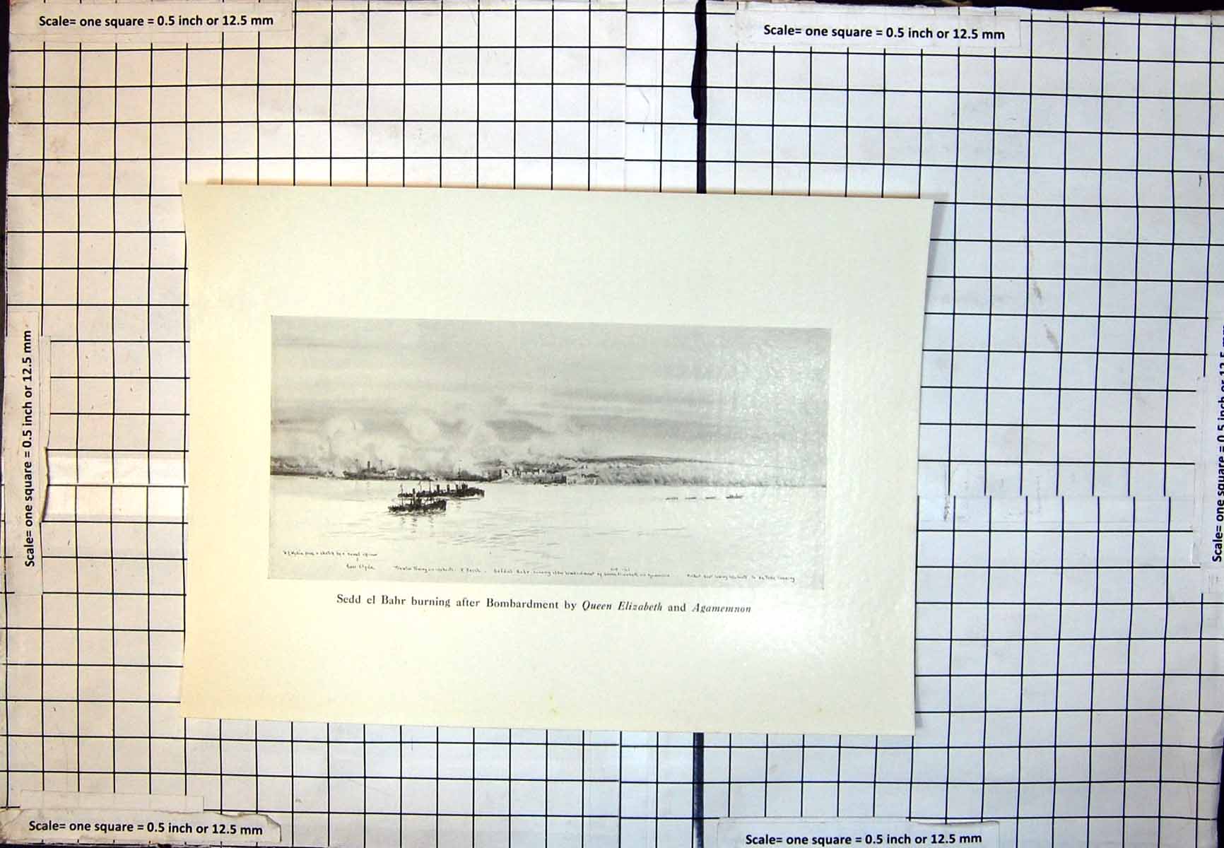 Old Print Sedd El Bahr Burning Bombardment Queen Elizabeth Agamemnon 361J
