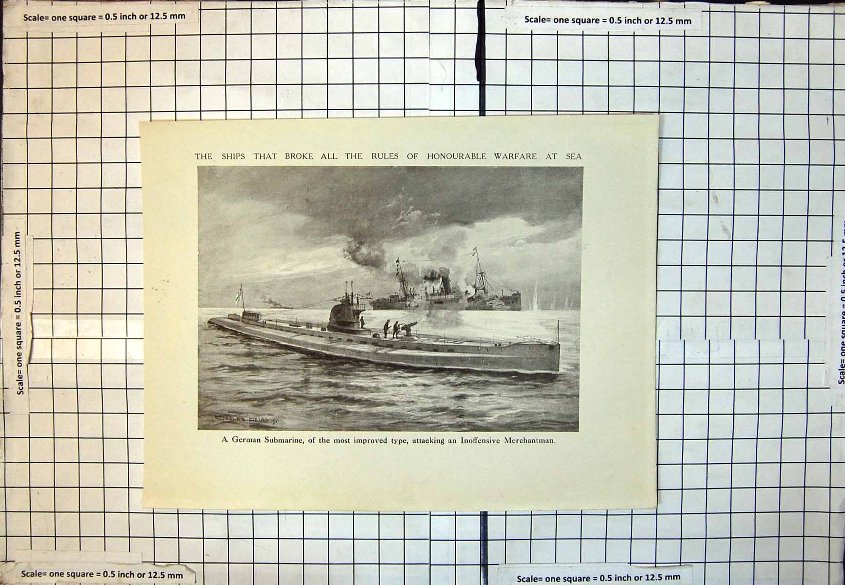 Old German Submarine Improved Attacking Merchantman Charles Delacy 367J