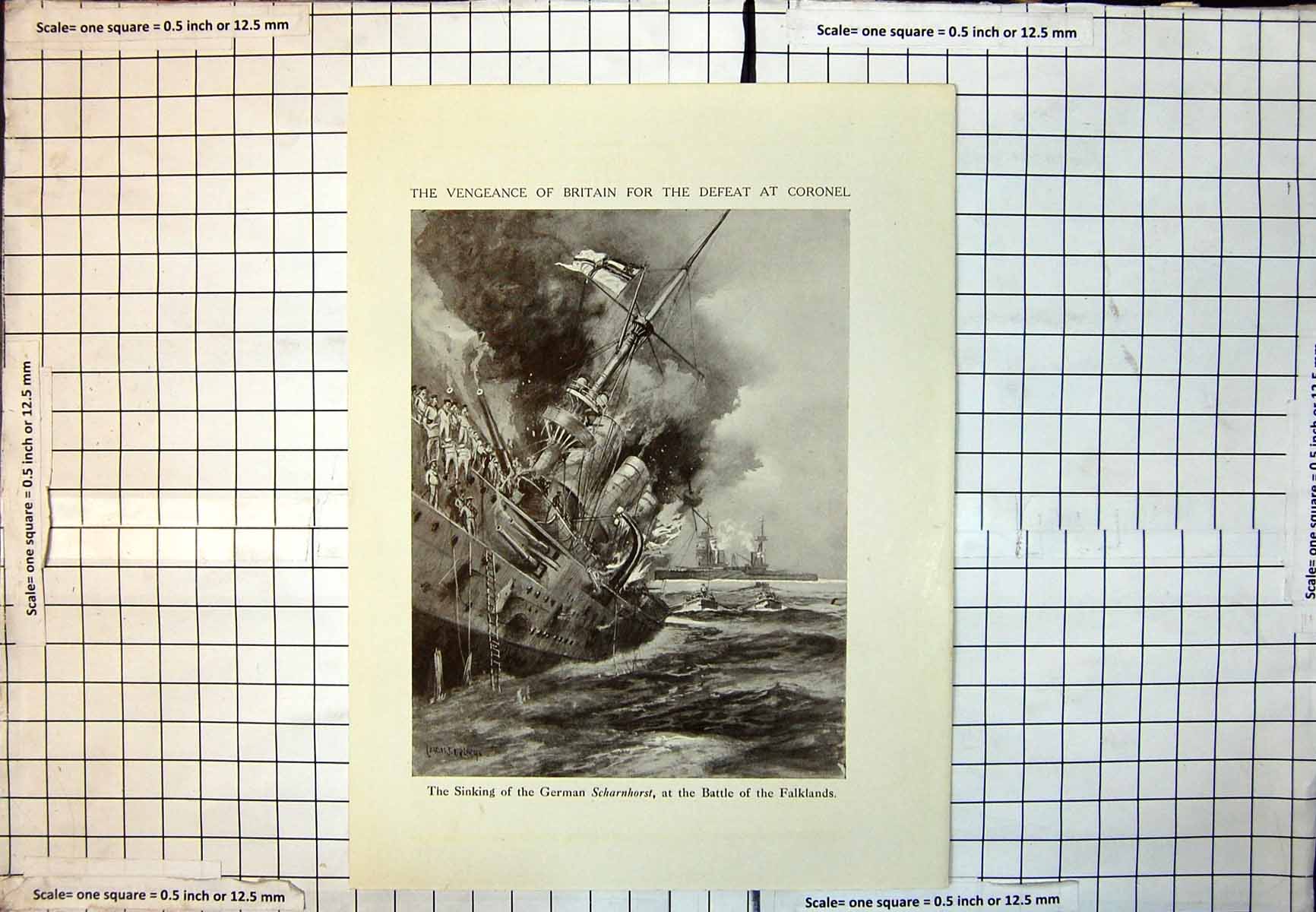 Old Print Sinking German Scharnhorst Battle Falklands Charles Delacy 370J
