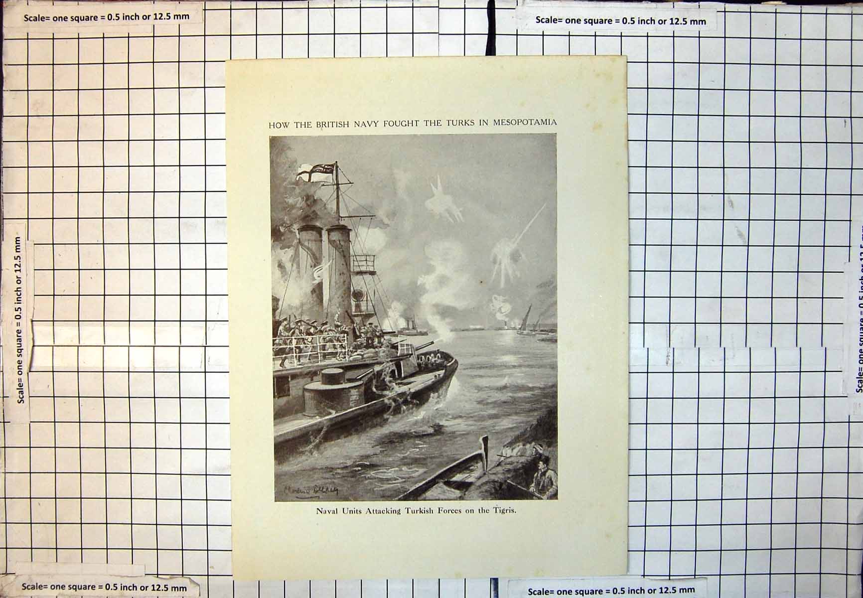 Print British Naval Units Attacking Turkish Forces Tigris Charles Delacy 371J