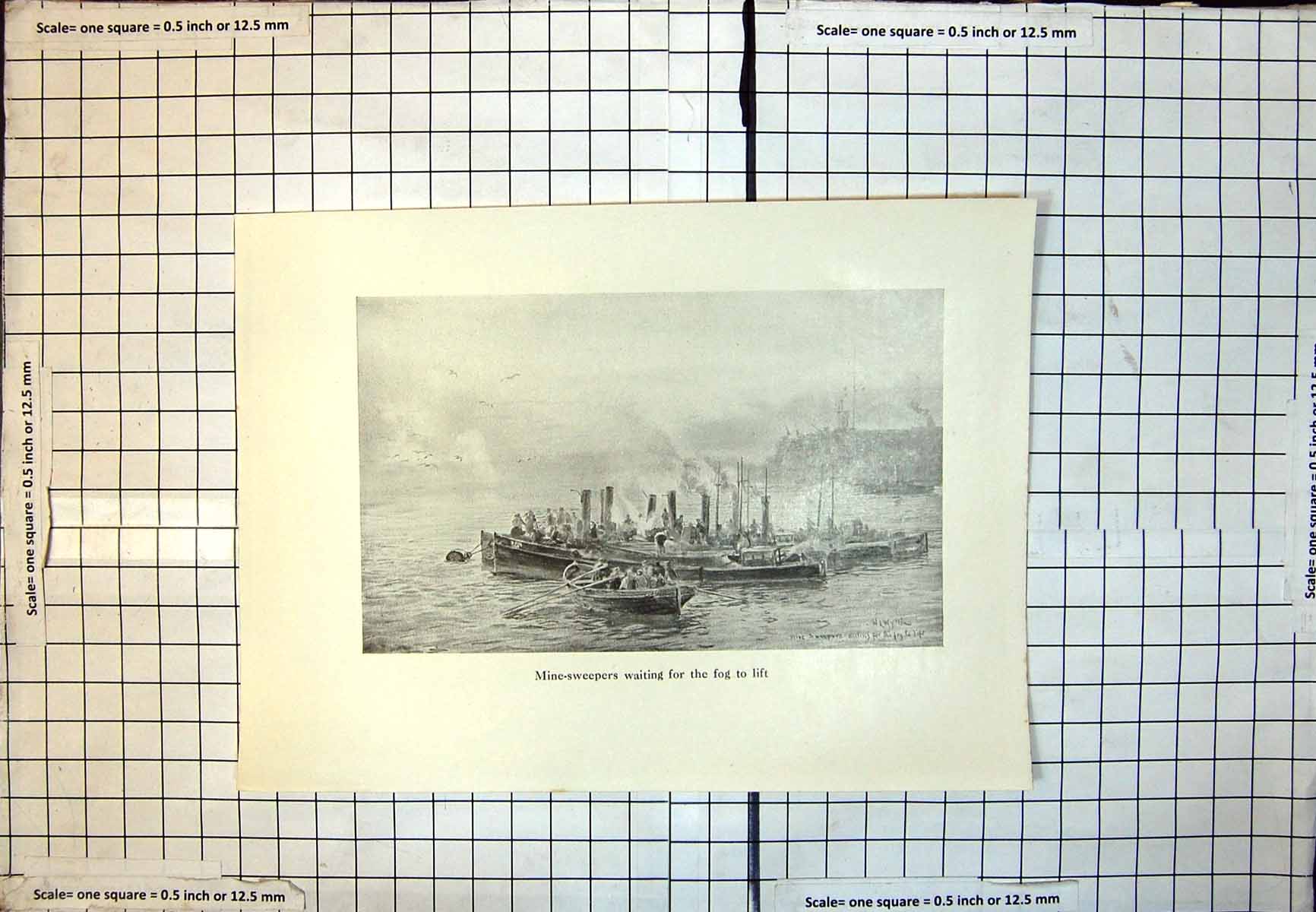 Old Print Mine-Sweepers Waiting For Fog To Lift Rowing Boat Wl Wyllie 382J