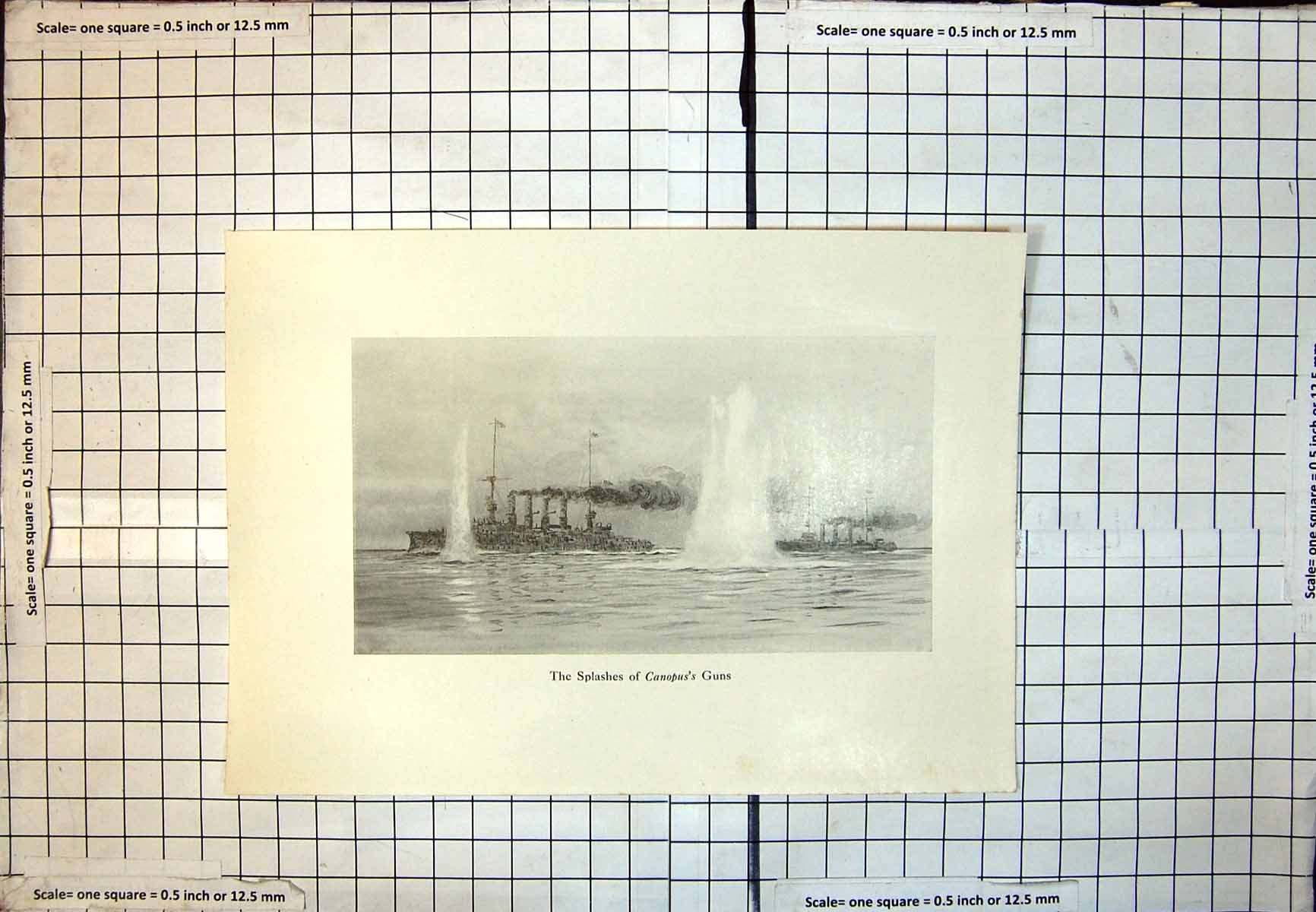 Antique Print Splashes From Canopus'S Guns Founr Funnel Ship Twin Mast 383J