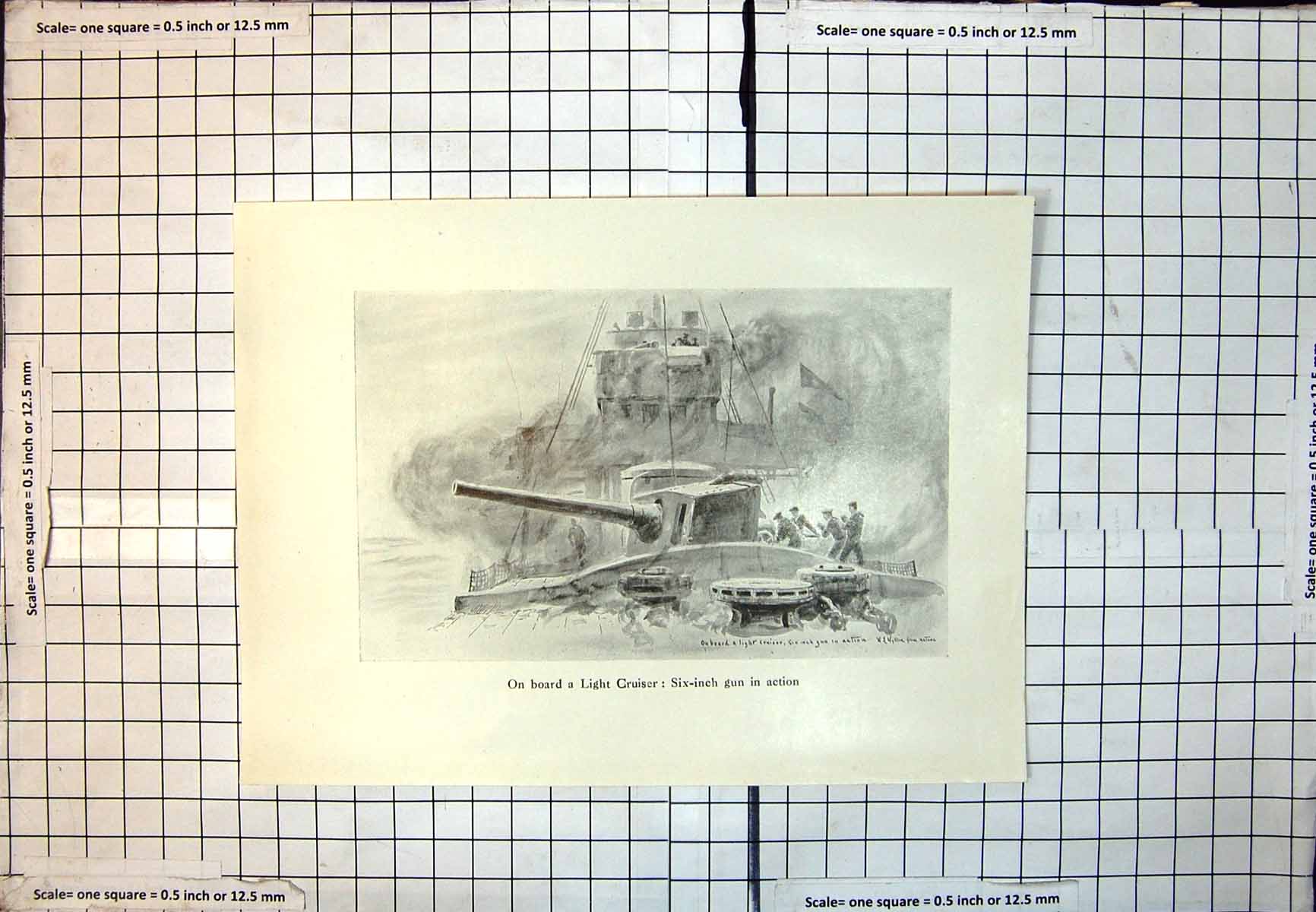 Print On Board Light Cruiser Six-Inch Gun In Action Men Loading Wl Wyllie 386J