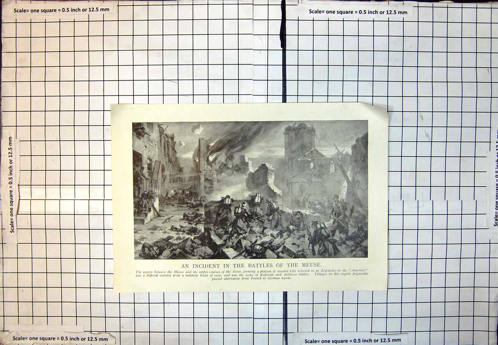 Antique Old Print Incident Battle The Meuse Houses Alight Siers Fighting 397J