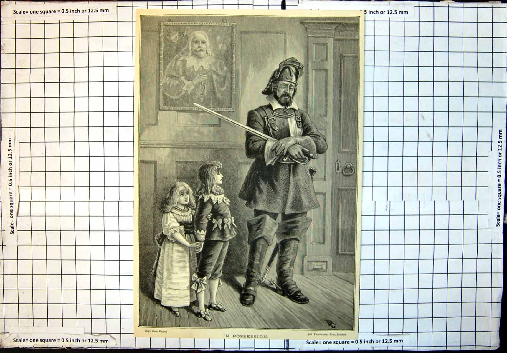 Original Old Antique Print In Possession Sier Sword Watched By Children 1889