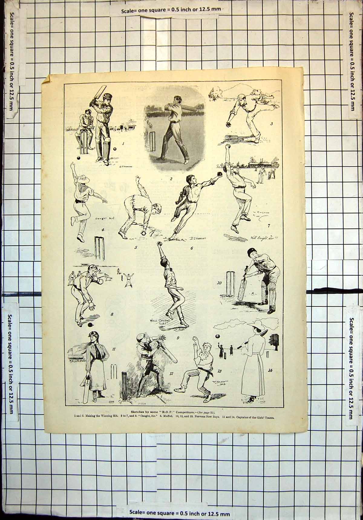 Old Antique Print Cricket Winning Hit New Boys Captains Girls Team 1907 20th