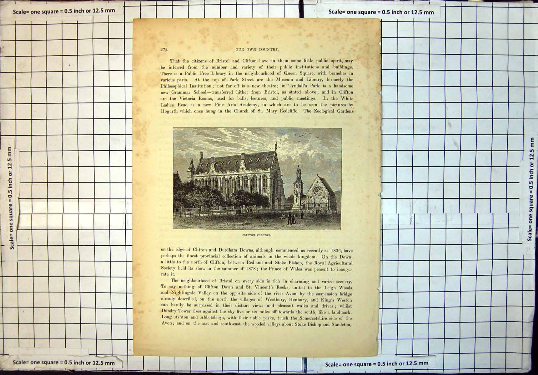 Original Old Antique Print Clifton College Our Own Country Durdham Downs