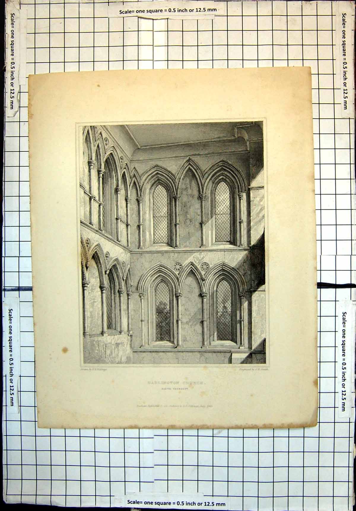 Original Old Antique Print Darlington Church South Transept R Billings G Smith