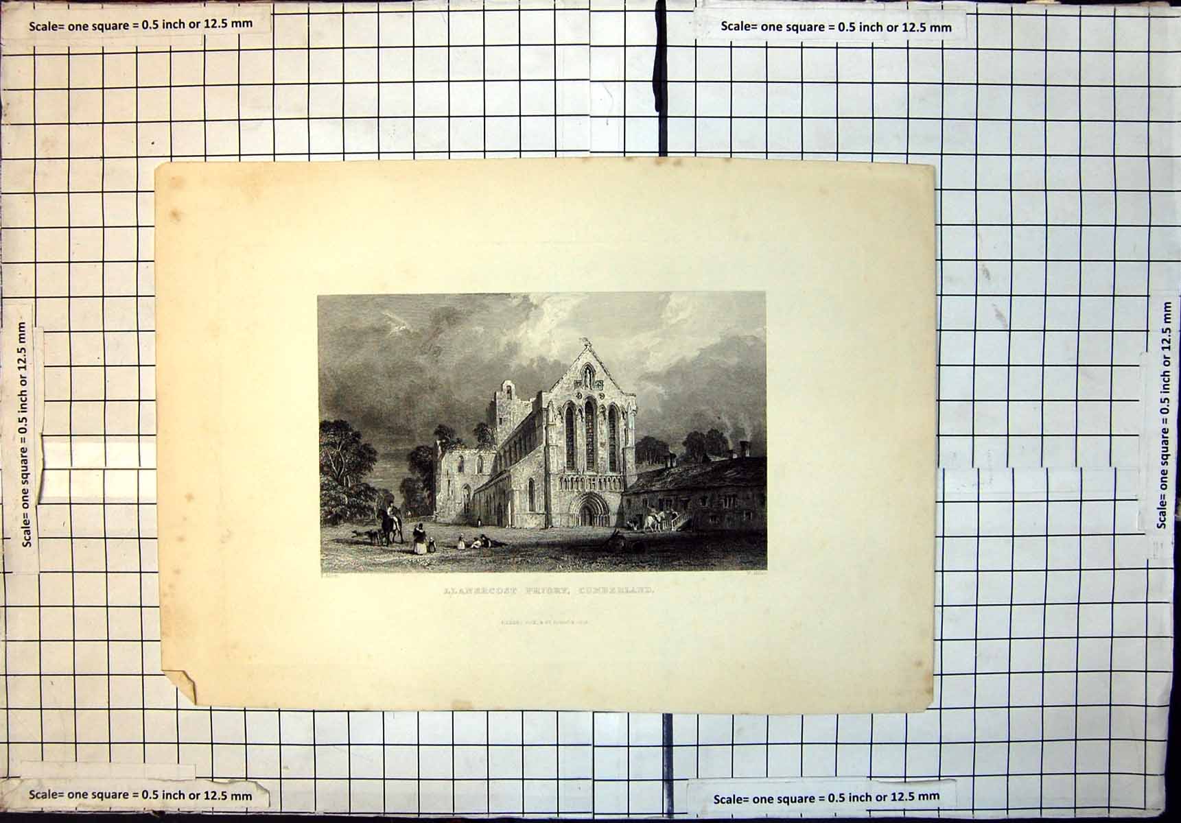 Original Old Antique Print Front View Llanercost Priory Cumberland