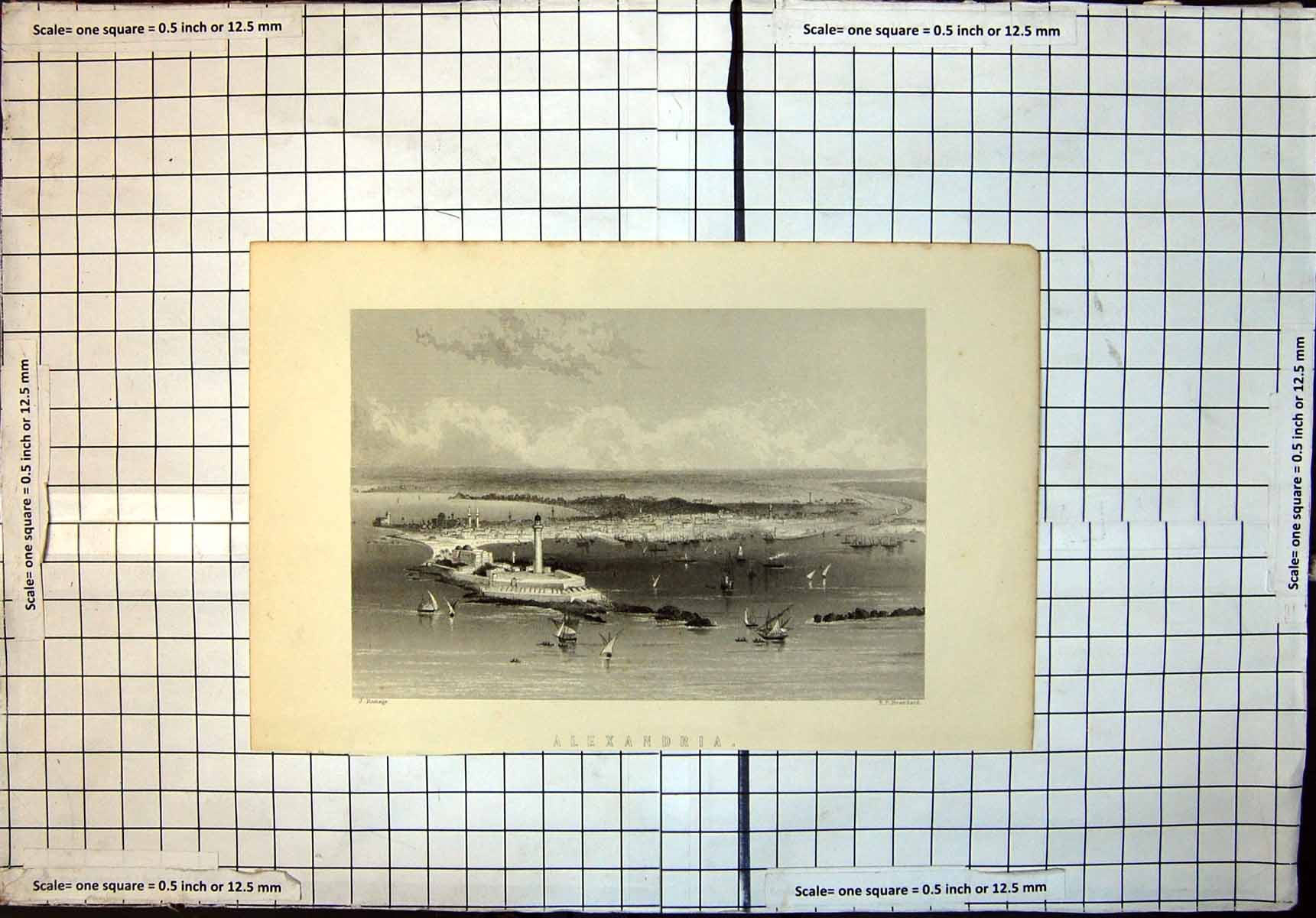 Original Old Antique Print Town Alexandria Ships Bay J Ramage C 1890 Victorian