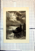 Original Old Antique Print After The Festa Gondola Moonlight 1893 Victorian