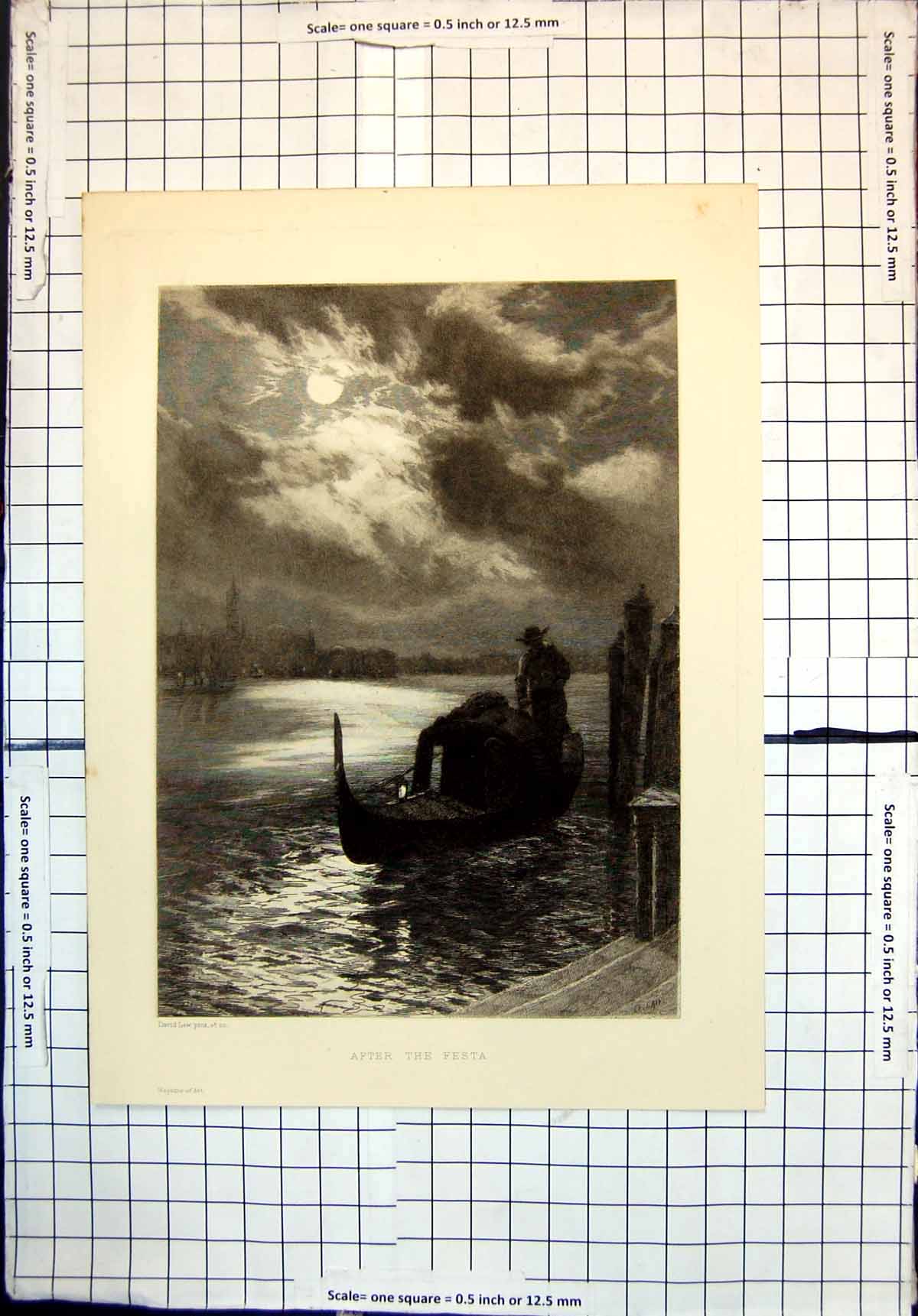 Original Old Antique Print After The Festa Gondola Moonlight 1893 Victorian