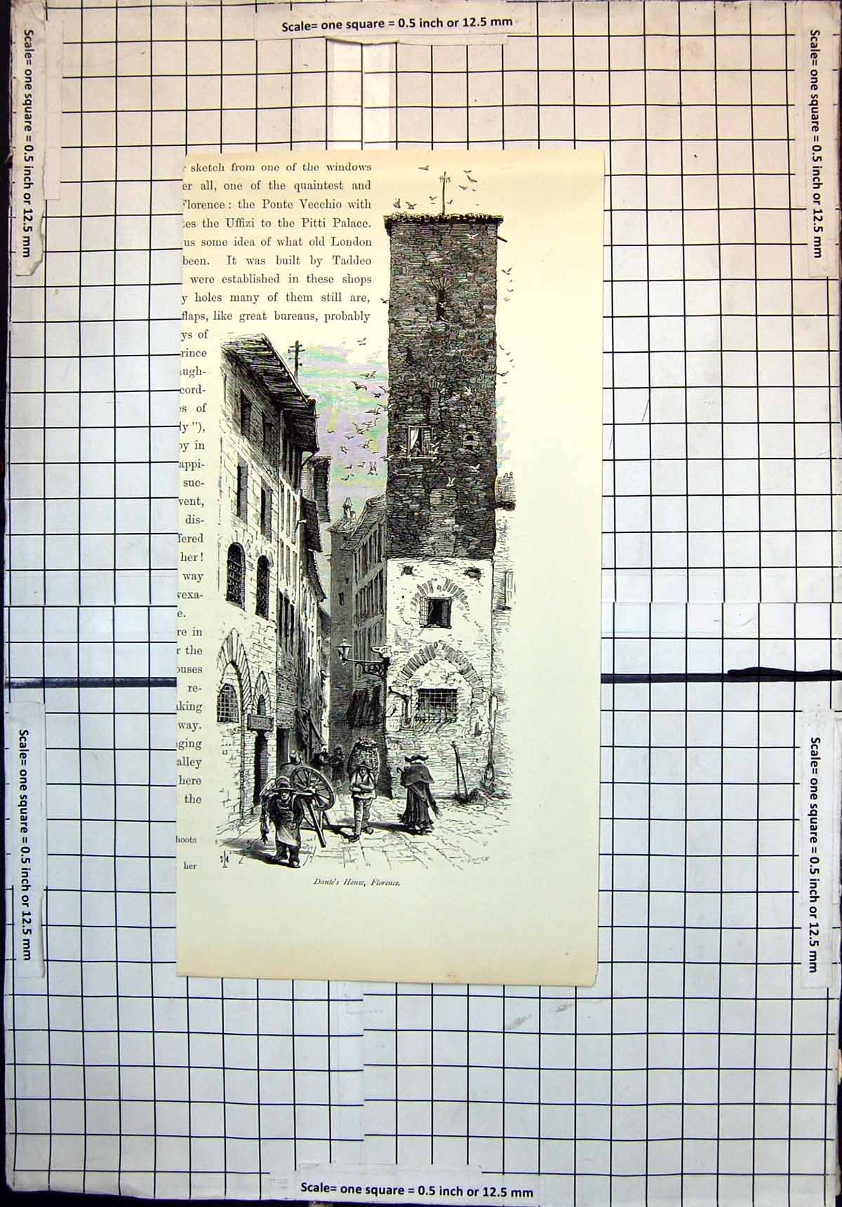 Antique Print Dantes House Florence Passers Bye Spinning Wheel Basket Back