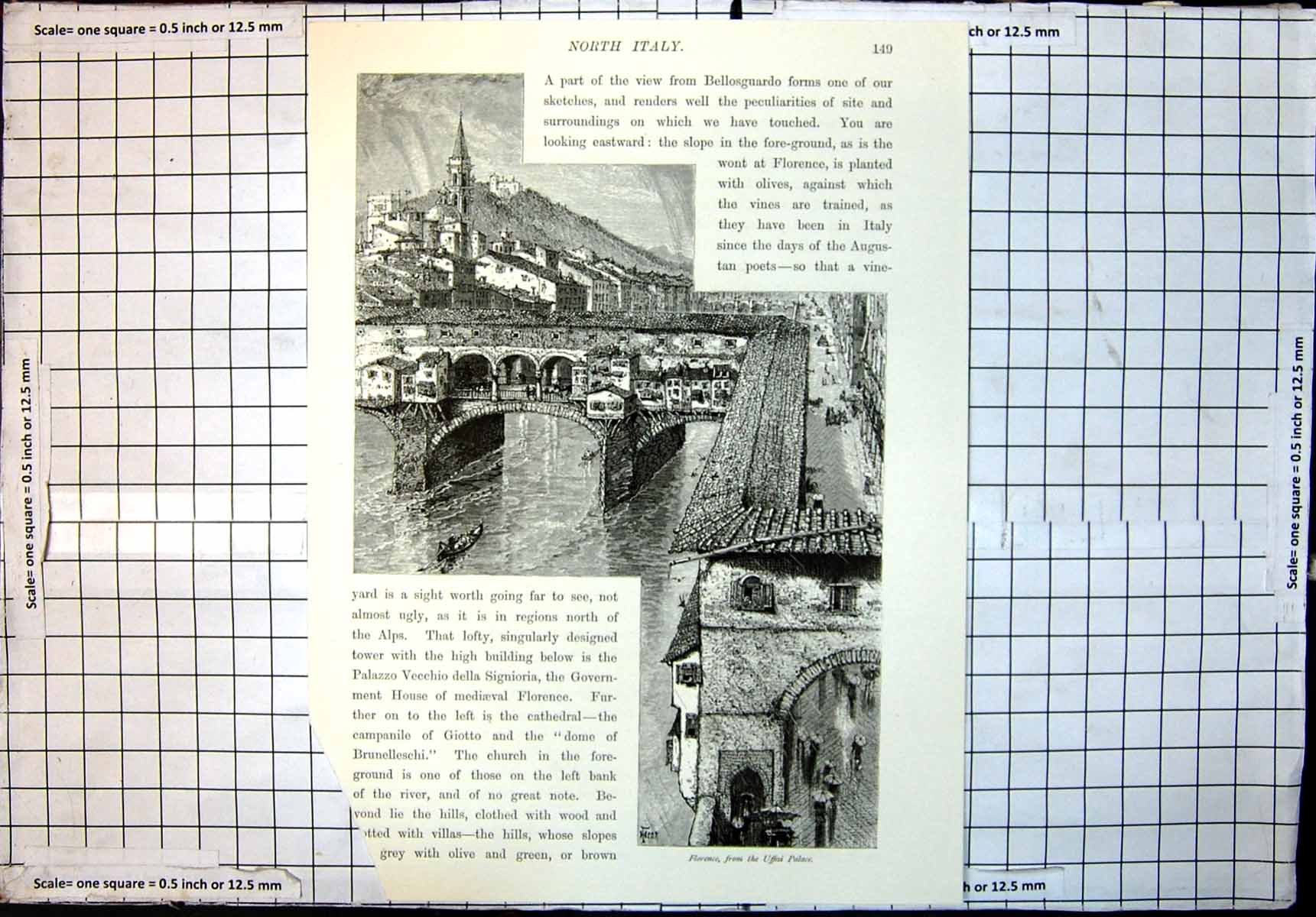 Original Old Antique Print North Italy Florence From Uffizi Palace Bridge