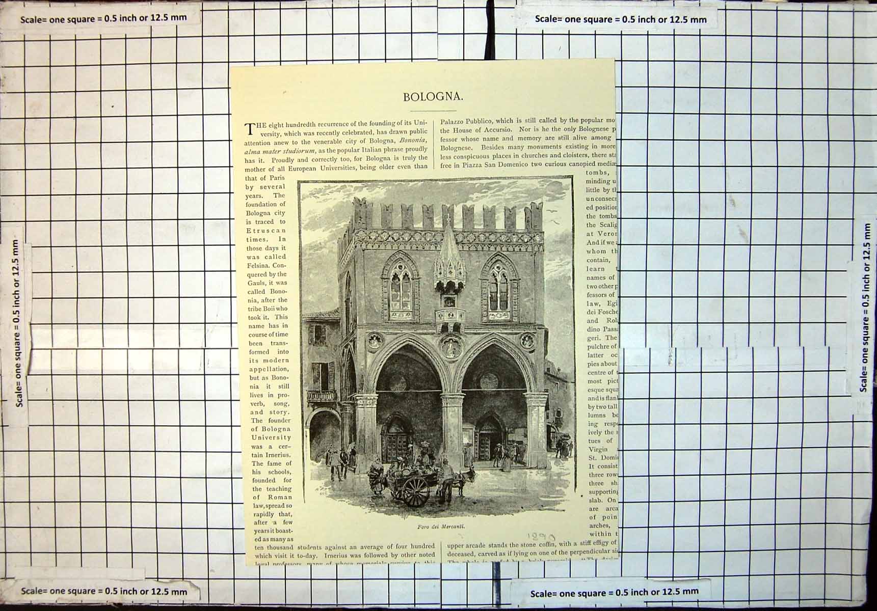 Antique Old Print Bologna Building Foro Dei Mercanti Horse Cart Provisions