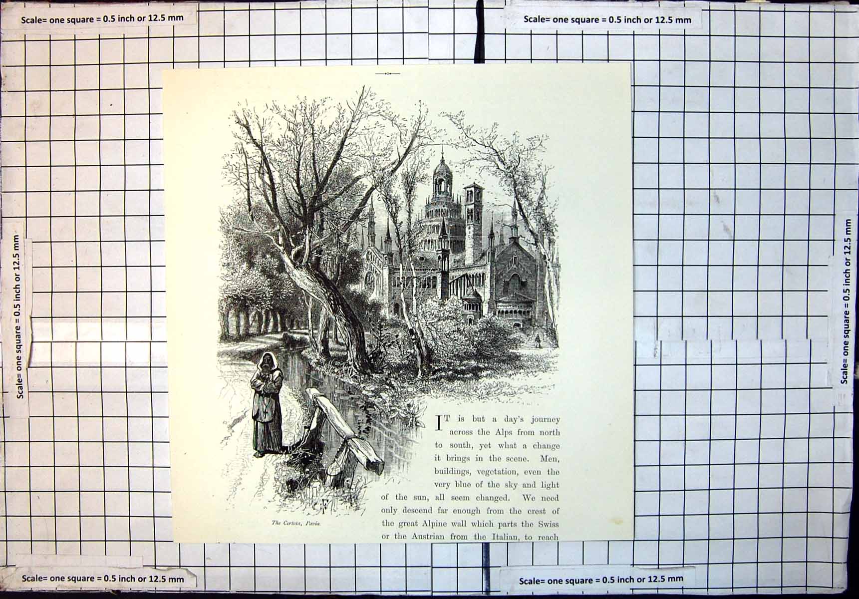 Original Old Antique Print Certosa Pavia Stately Building Stream Woods Alps