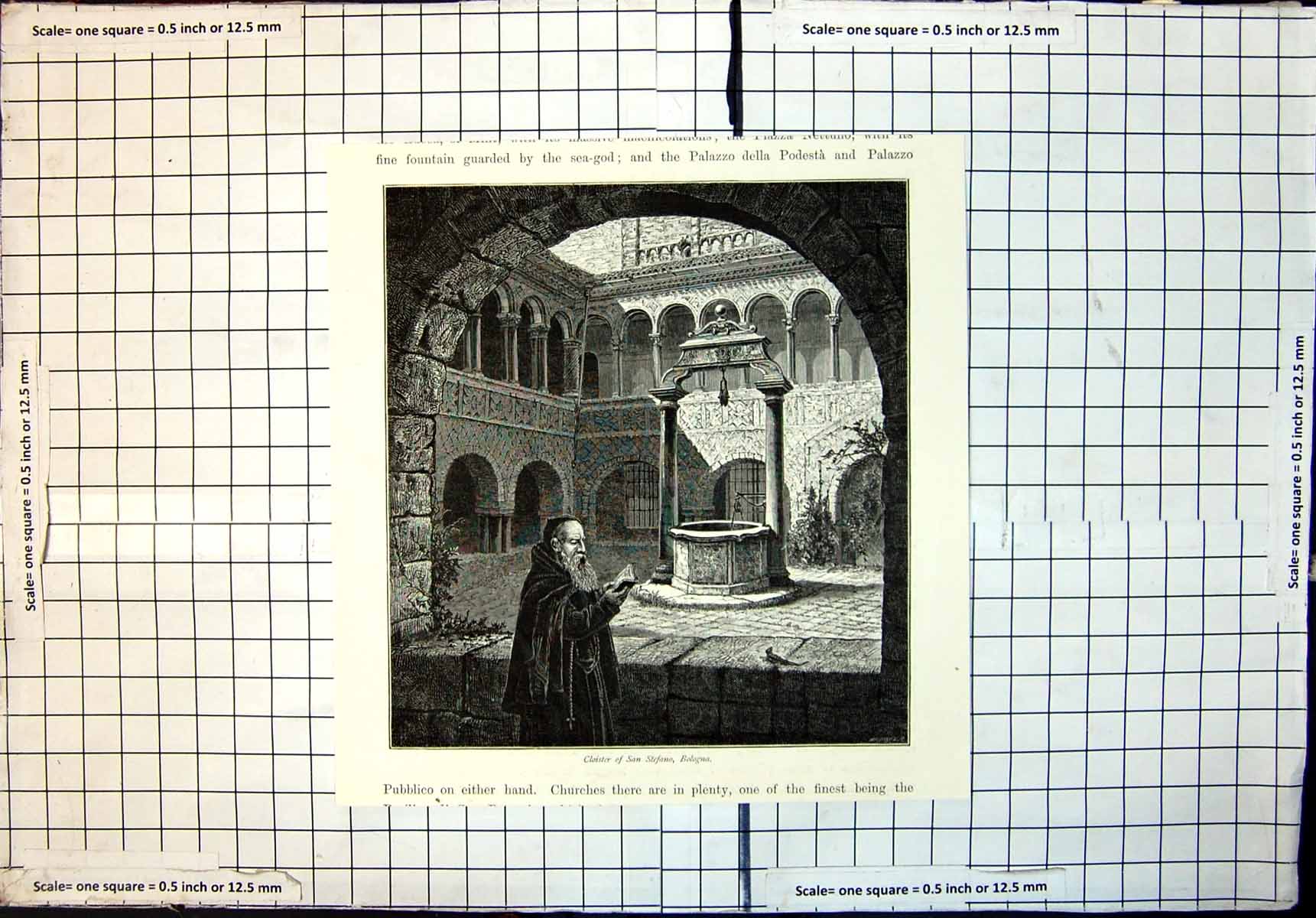 Original Old Antique Print Cloister San Stefano Bologna Monk Reading Bible