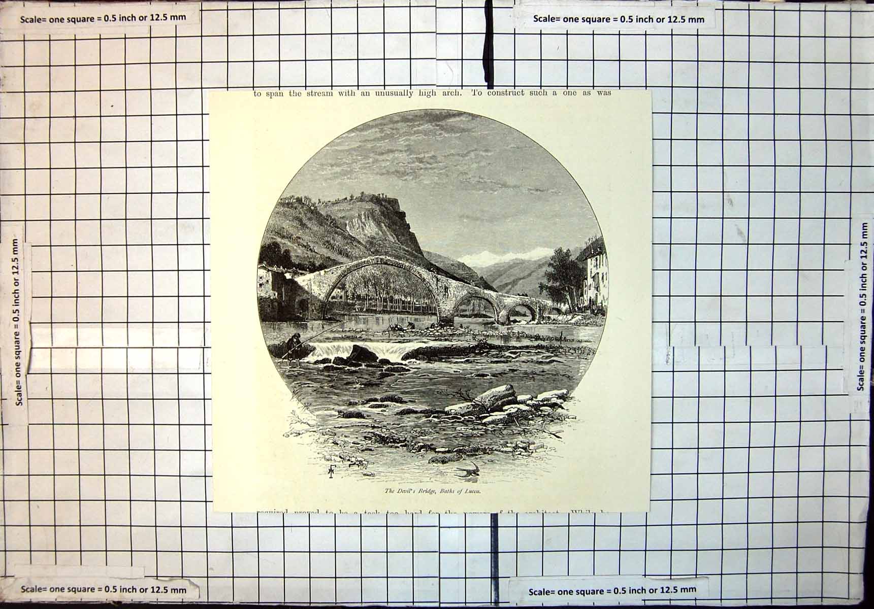 Original Old Antique Print Devils Bridge Baths Lucca River Rocks Fisherman