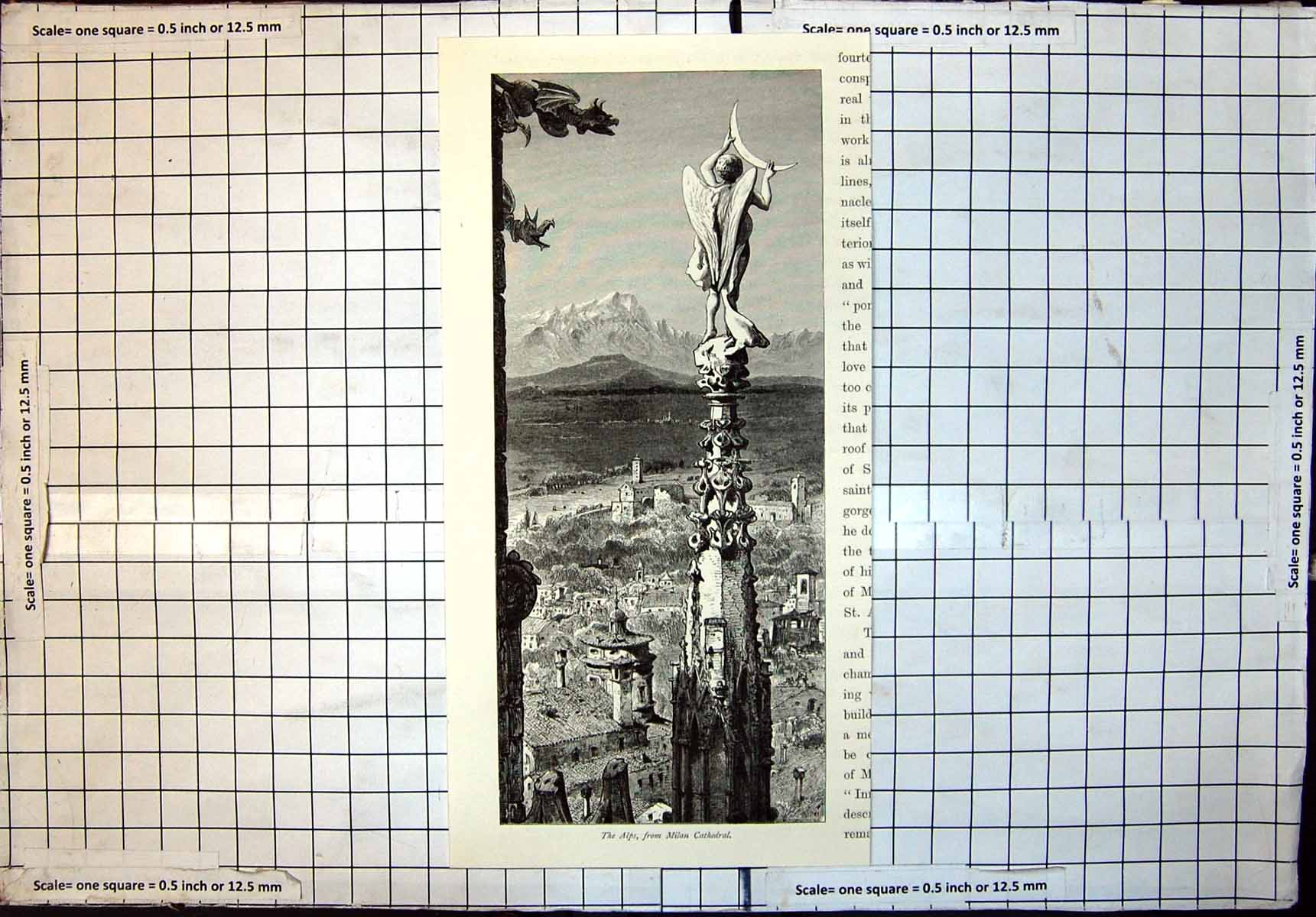 Original Old Antique Print Alps From Milan Cathedral Angel Statue Mountains