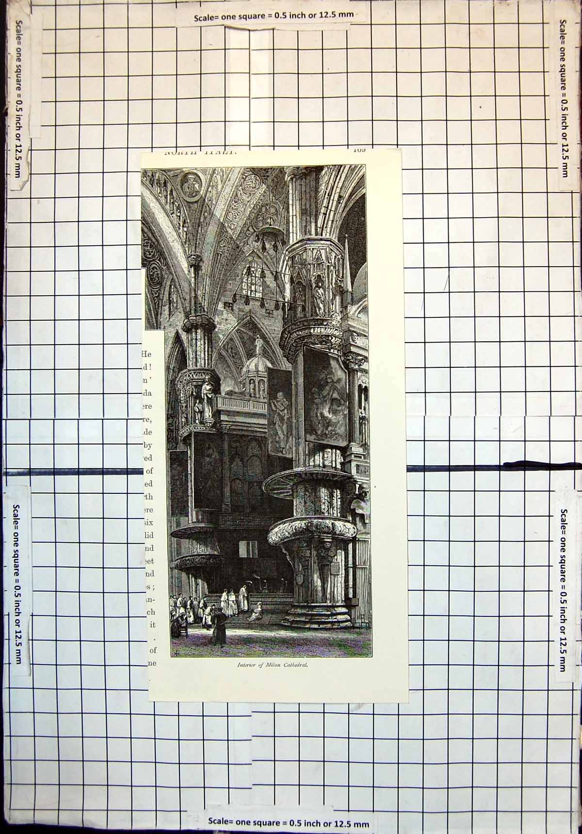 Original Old Antique Print Interior Milan Cathedral Monks Architecture