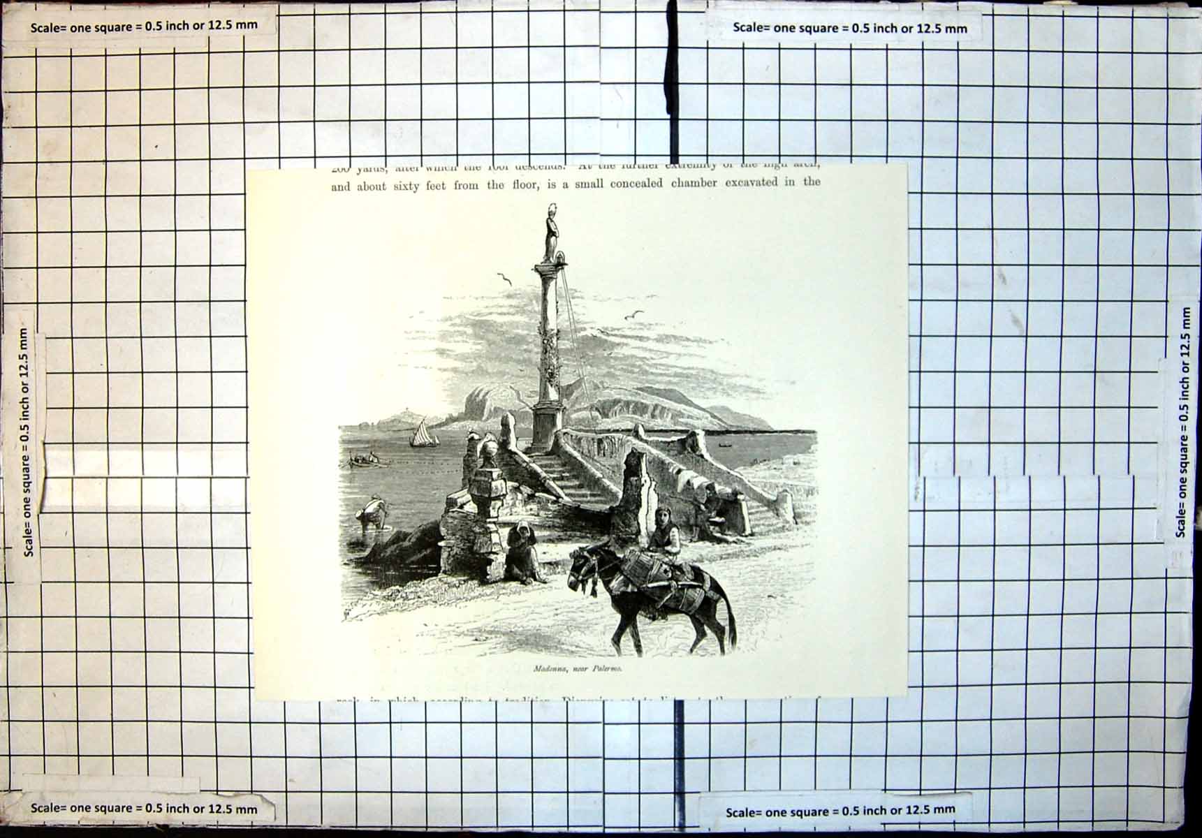 Original Old Antique Print Madonna Near Palermo Statue Edge Sea Boats Donkey