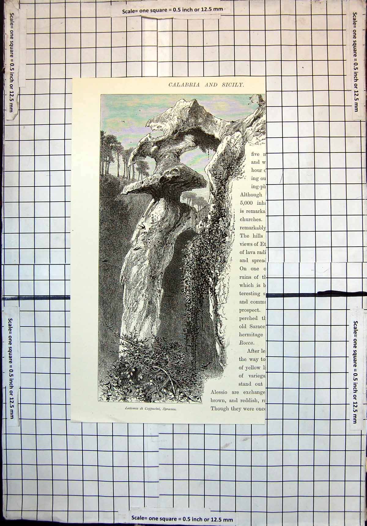 Original Old Antique Print Lattomia Di Cappucini Syracuse Calabria And Sicily
