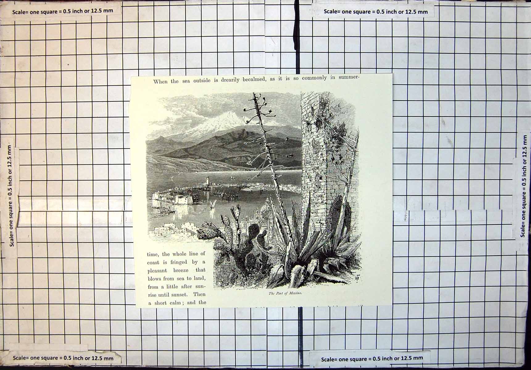 Original Old Antique Print Port Messina Town Bay Ships Mountains