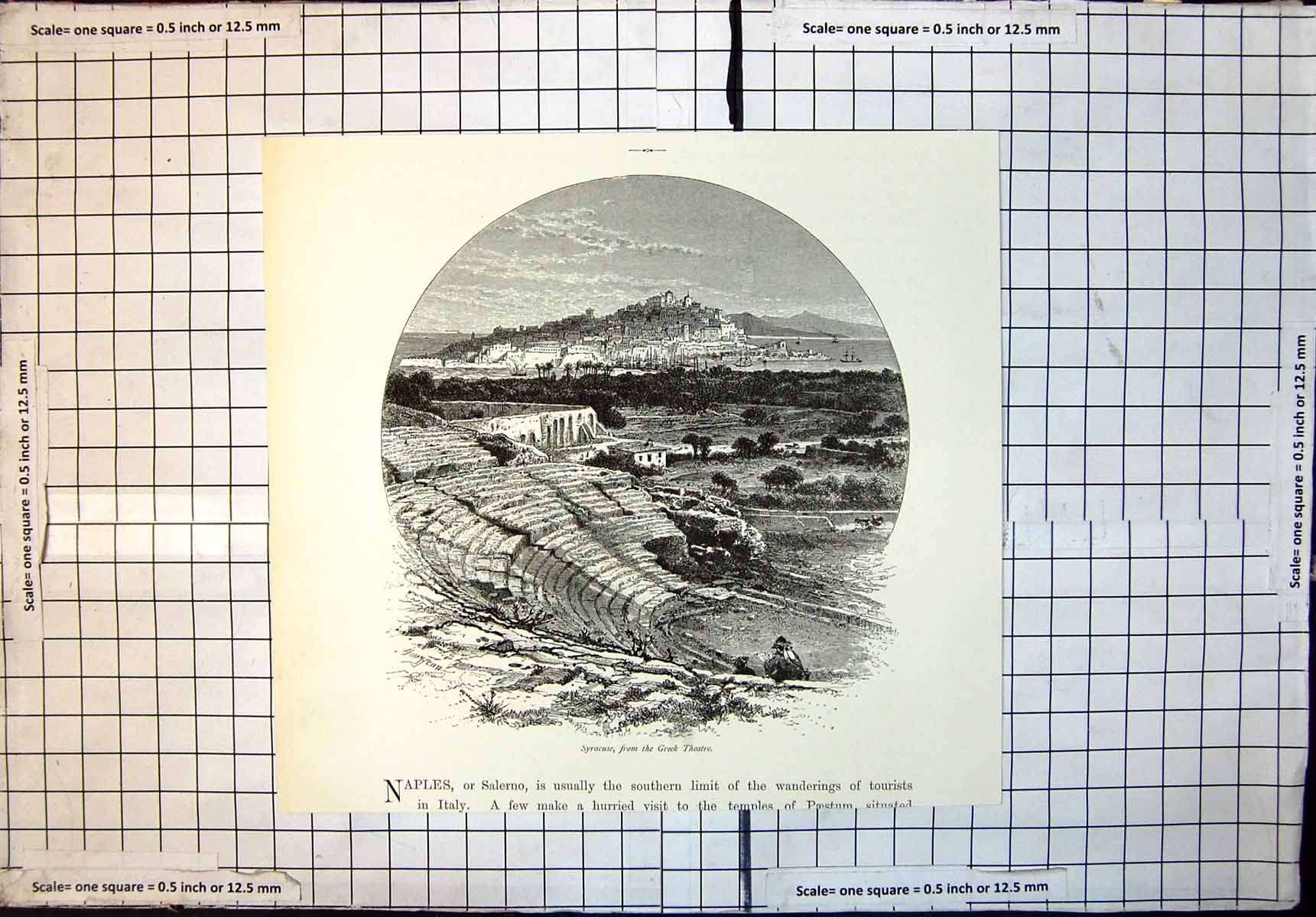 Original Old Antique Print Syracuse From Greek Theatre Town Hill