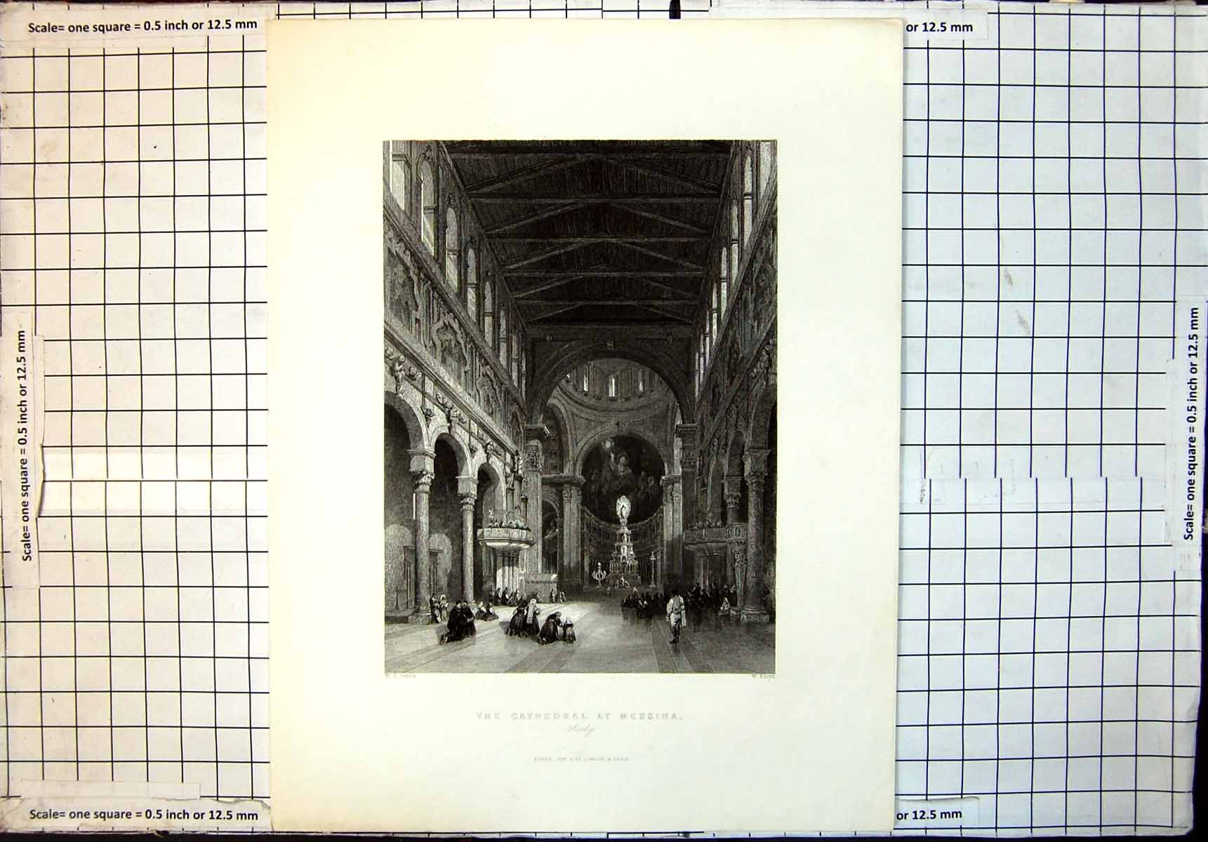 Original Old Antique Print Cathedral At Messina Italy Interior Worshippers