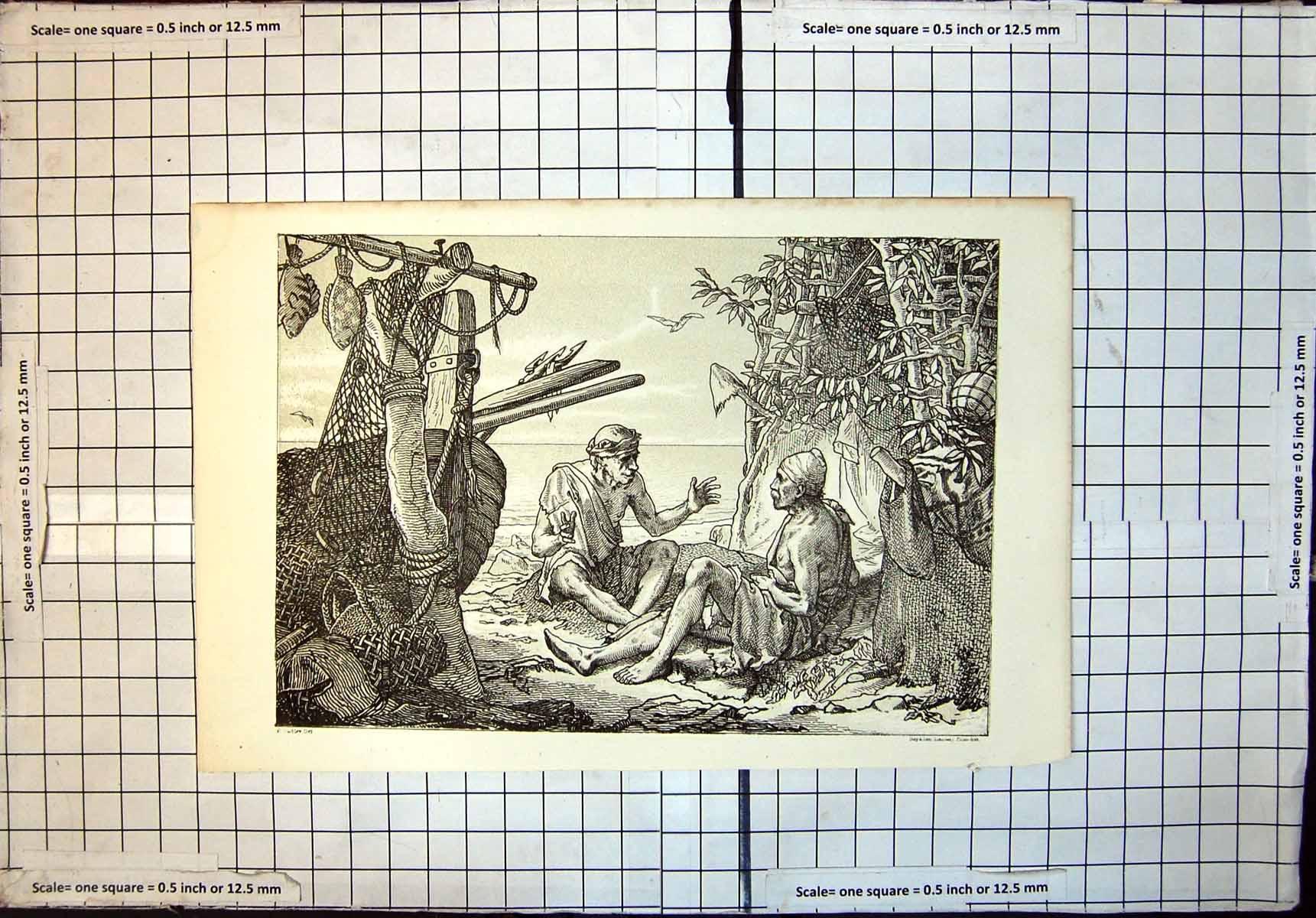 Original Old Antique Print Two Fishermen Beach Boat Nets Fish 1866 Victorian