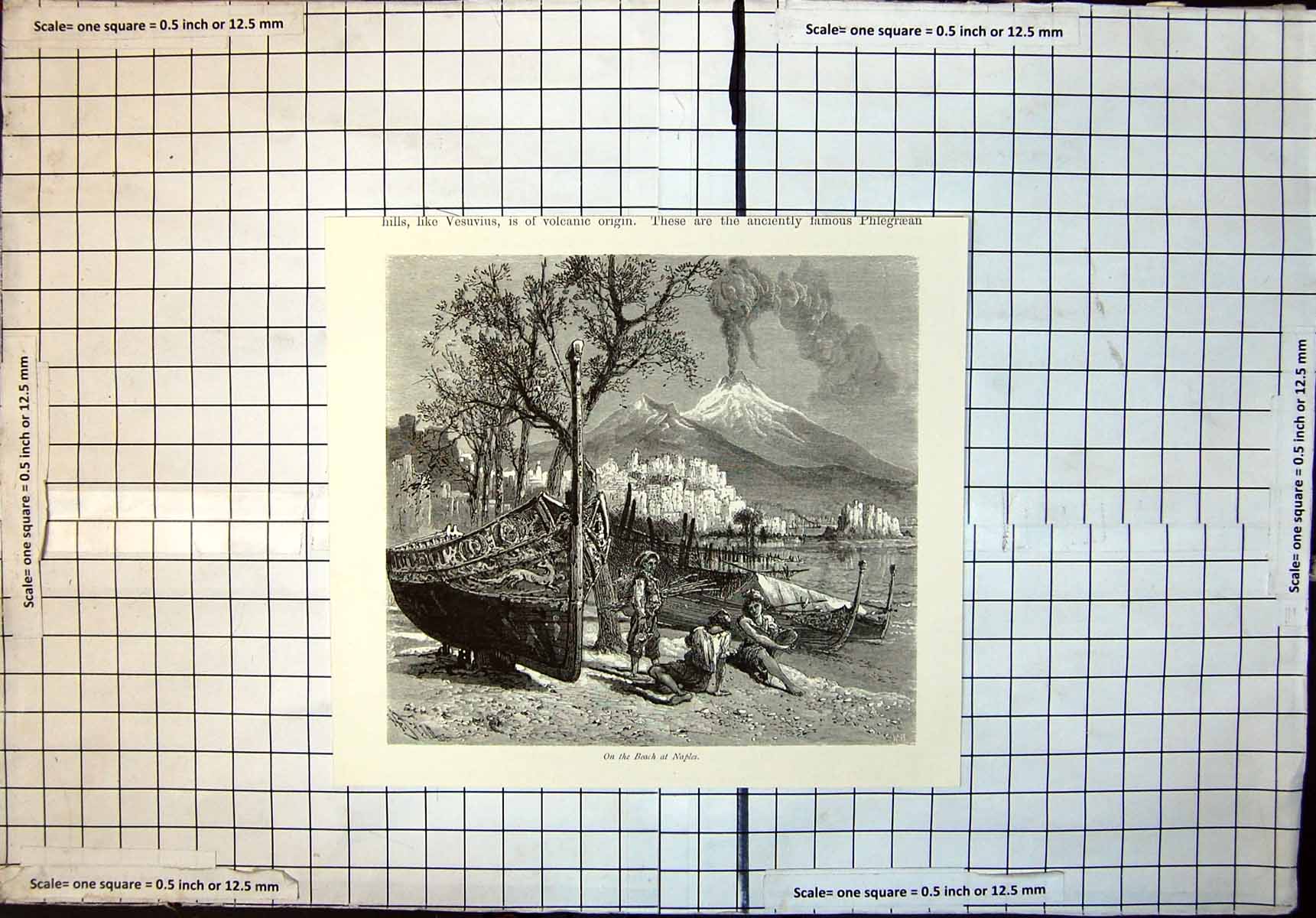 Original Old Antique Print On Beach Naples Vesuvius Erupts Fishing Boats