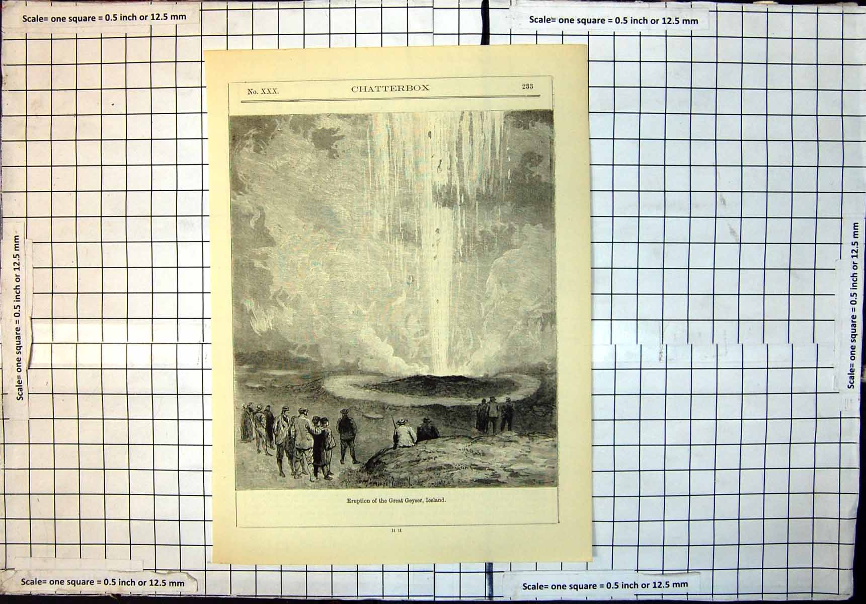 Original Old Antique Print Eruption Great Geyser Iceland