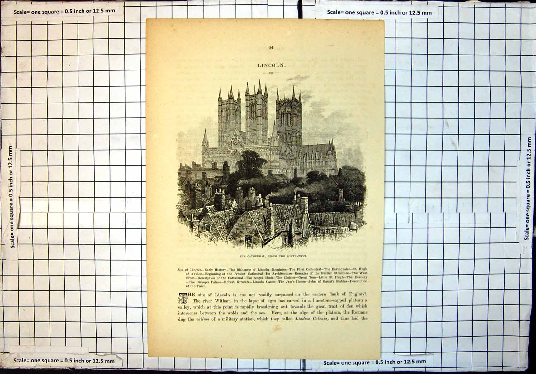 Original Old Antique Print Cathedral Lincoln From South West