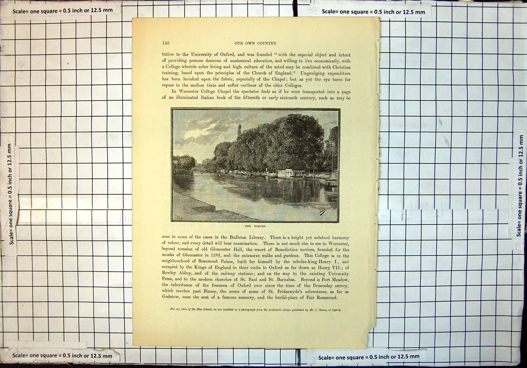 Original Old Antique Print Barges Worcester Moored River
