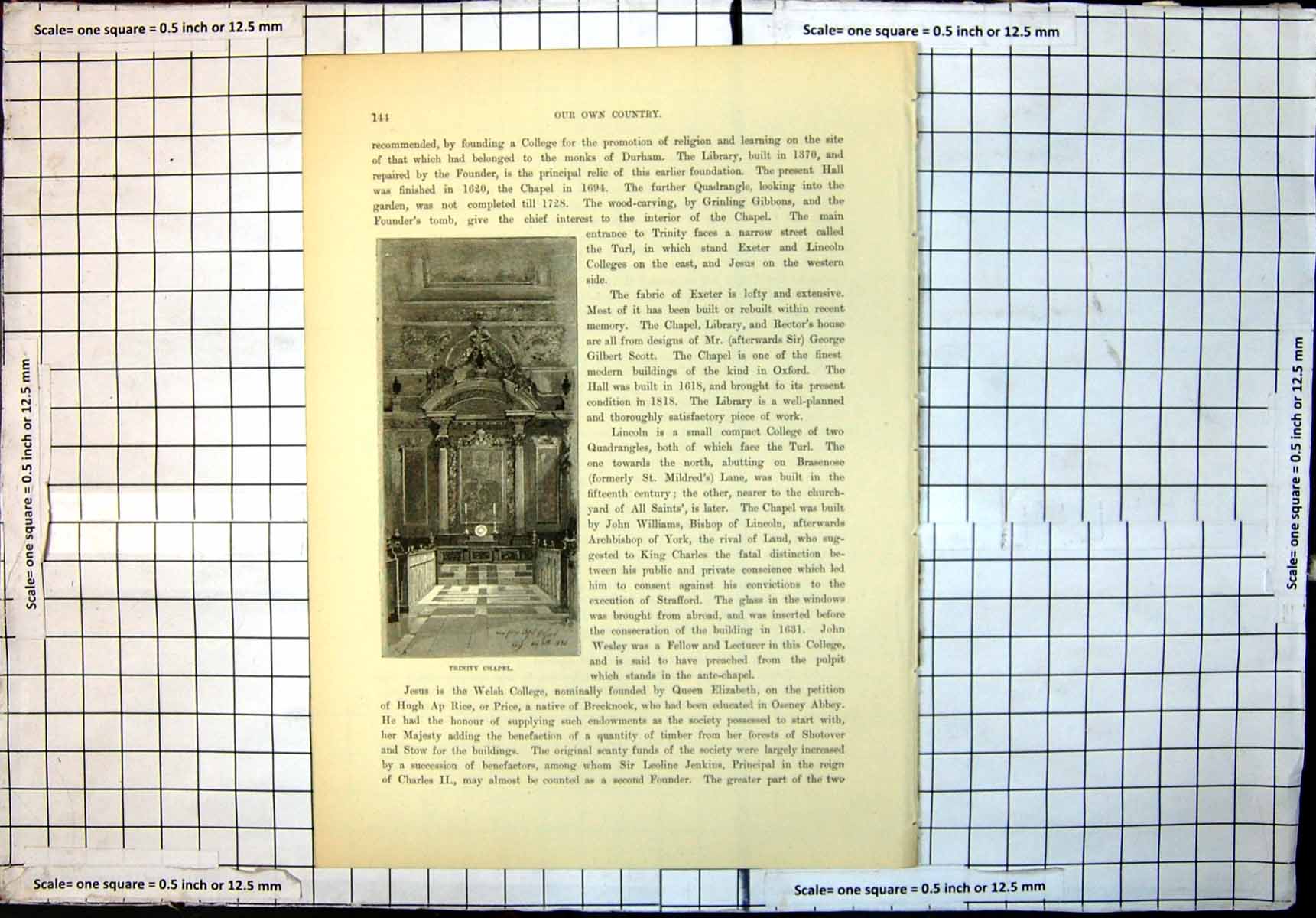 Original Old Antique Print Trinity Chapel Oxford Interior