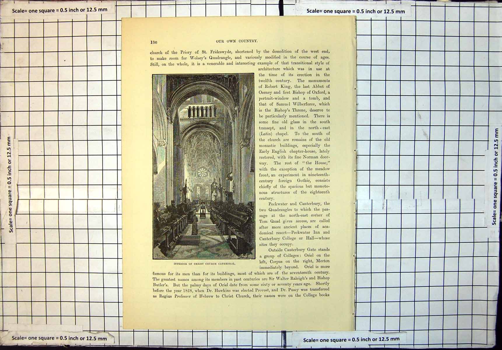 Original Old Antique Print Interior Christ Church Cathedral Oxford