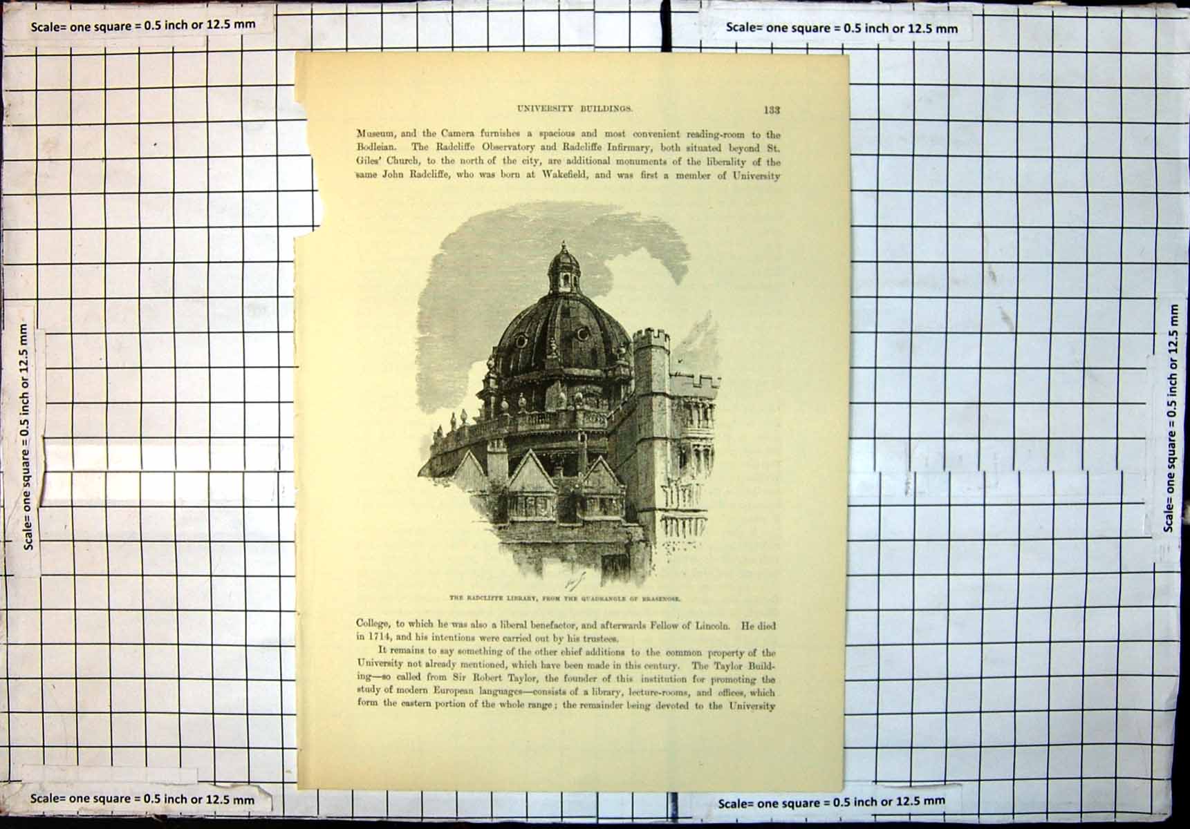 Original Old Antique Print Radcliffe Library From Quadrangle Brasenose Oxford