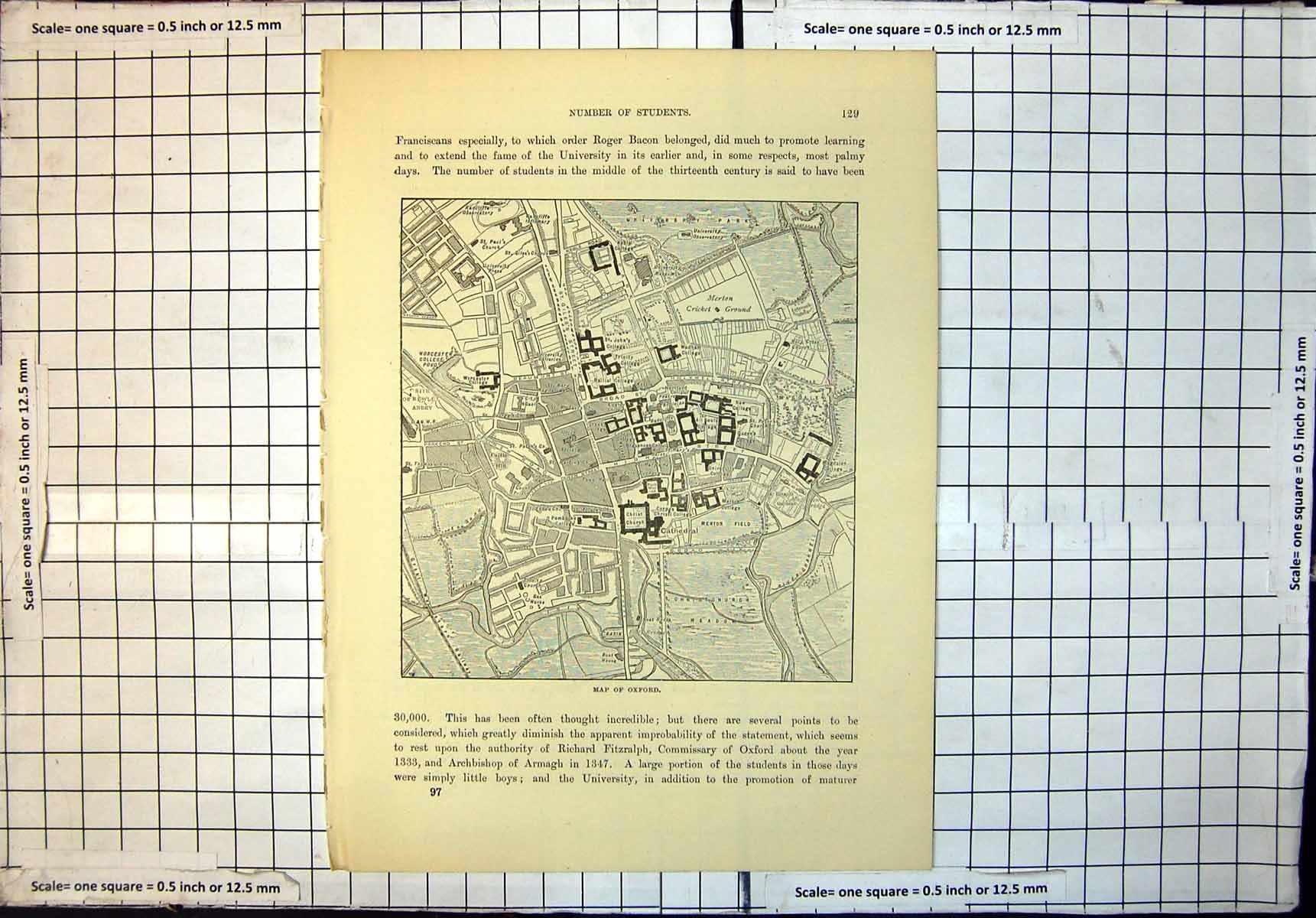 Original Old Antique Print Map Oxford Cricket Ground Fields Layout
