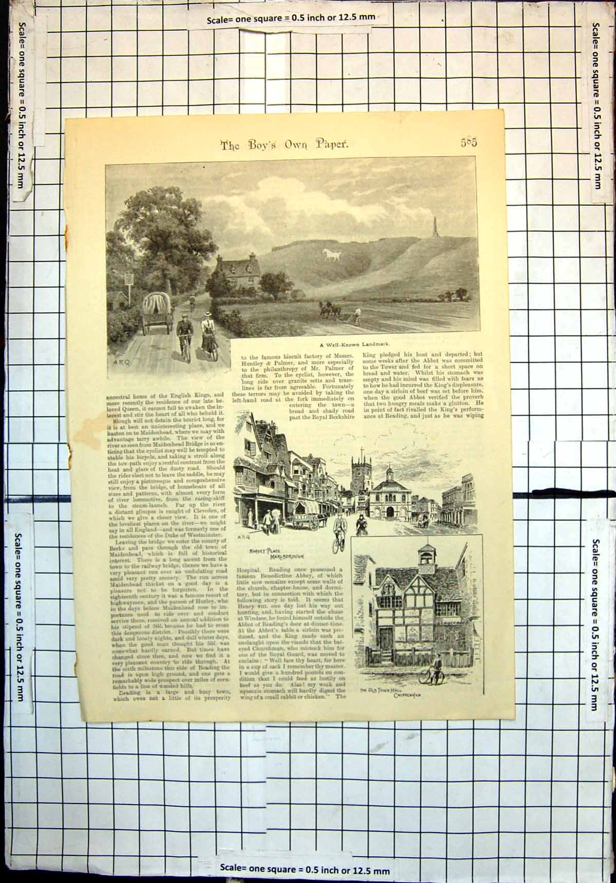Original Old Antique Print Market Place Marlborough Town Hall Chippenham